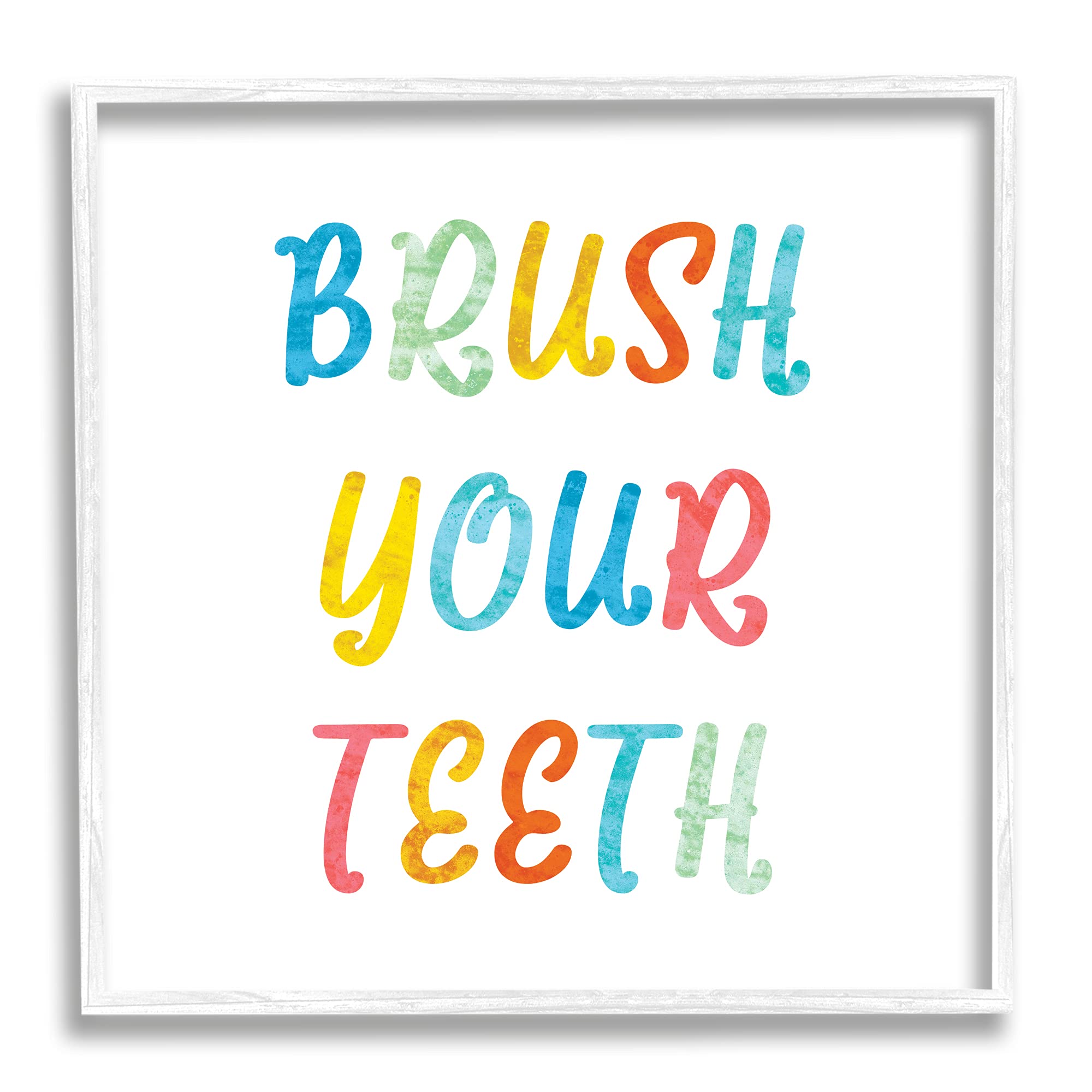 Stupell Industries Brush Your Teeth Dental Hygiene Kids Typography Wall Art - 17x17 Inch White Framed Canvas - Perfect for Bathroom Decor & Children's Bedroom