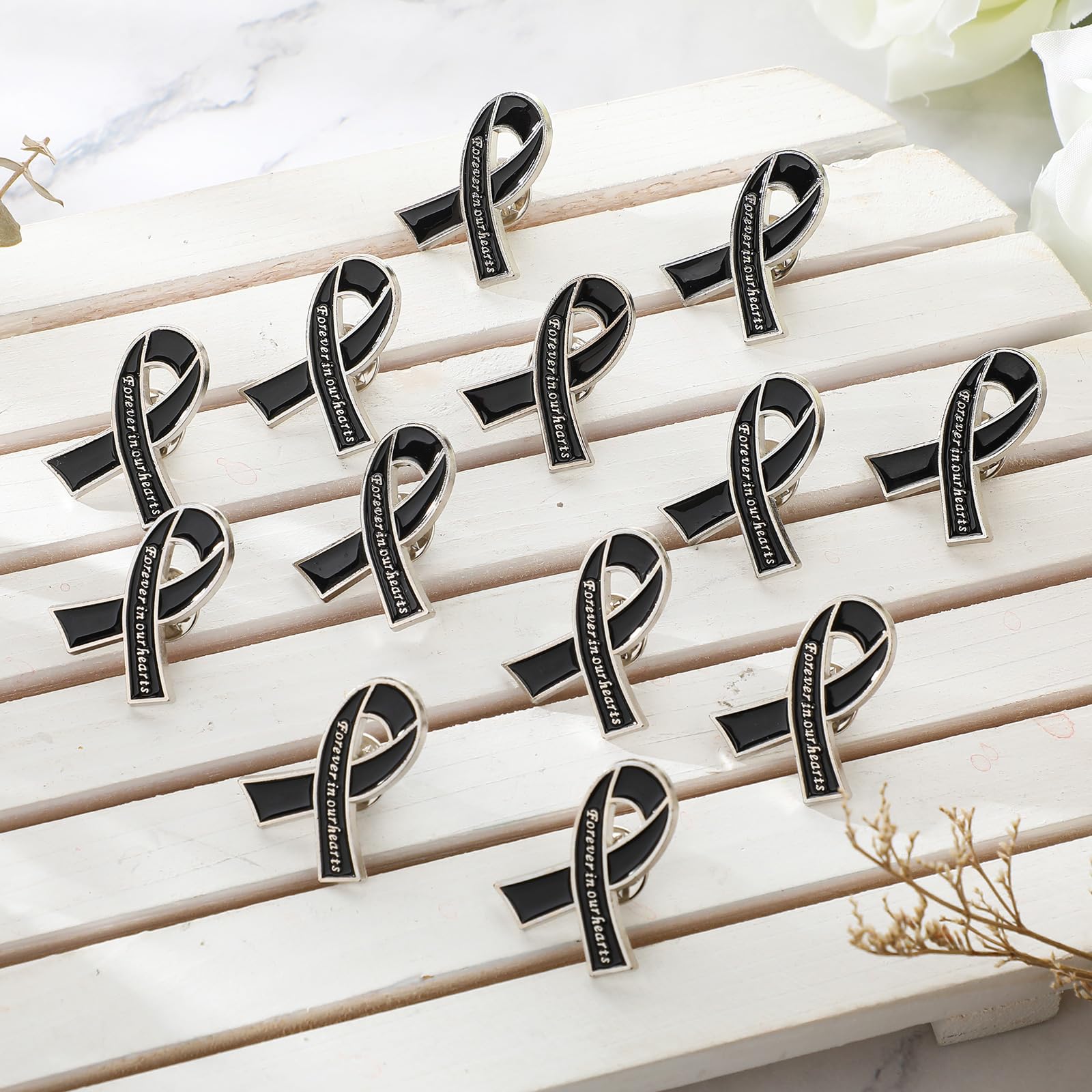 Tigeen 50 Pack Black Metal Funeral Ribbon Pins - Memorial Lapel Pins for Funeral Service, Memorial Day & Remembrance Events - Forever in Our Hearts Keepsake - Perfect for Graveside Ceremonies, Wake Services & Sympathy Gifts