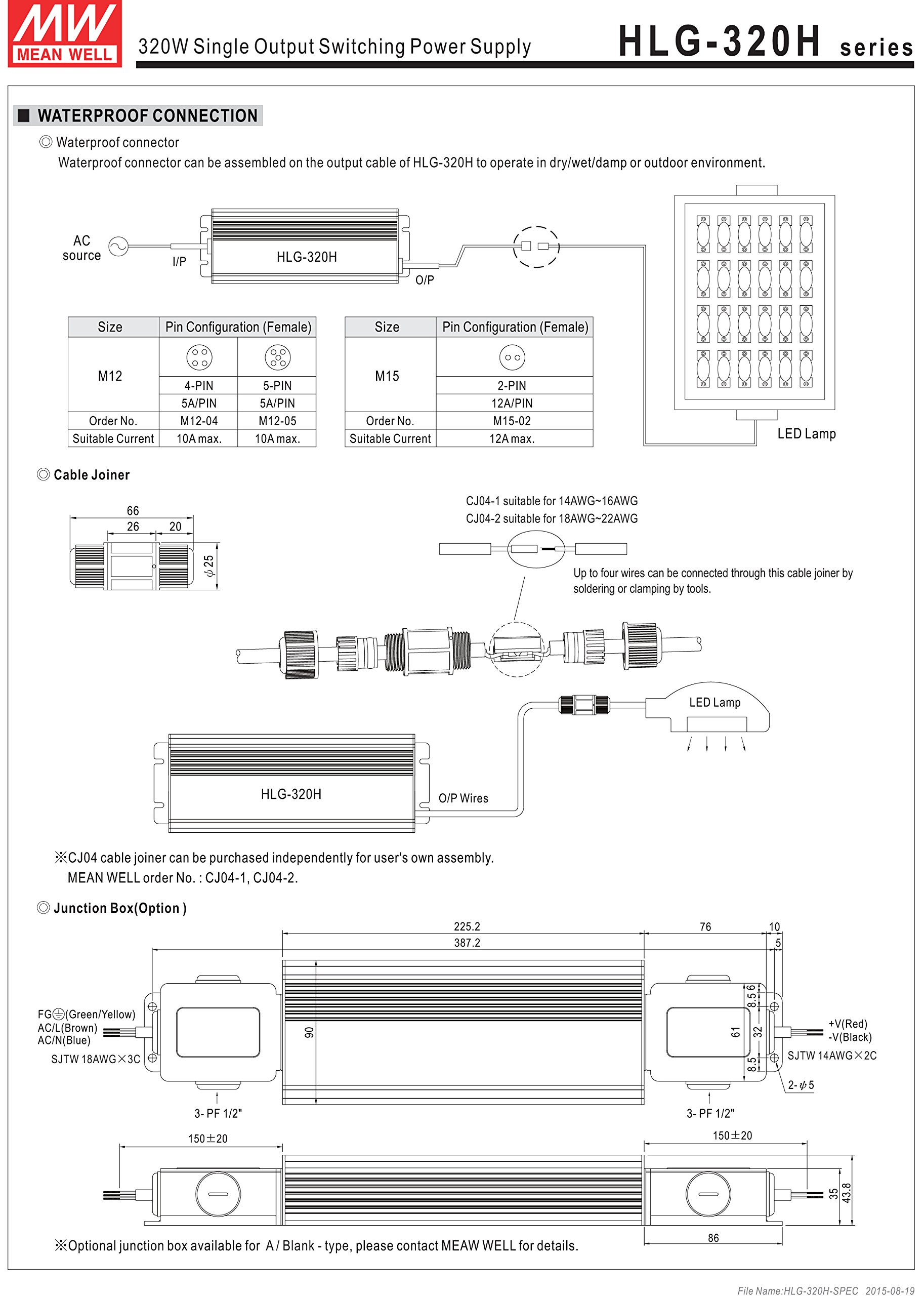 MEAN WELL HLG-320H-48 48V 321W LED Driver Power Supply with Input/Output Cables - 6700mA Constant Current for Indoor/Outdoor LED Lighting, Grow Lights & Commercial Signage