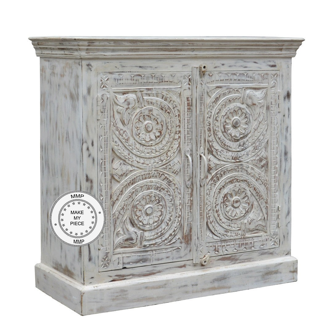 Hand Carved Floral Indian Small Cabinet with Intricate Doors - White - Perfect for Home Decor, Living Room Storage & Boho Style Interiors