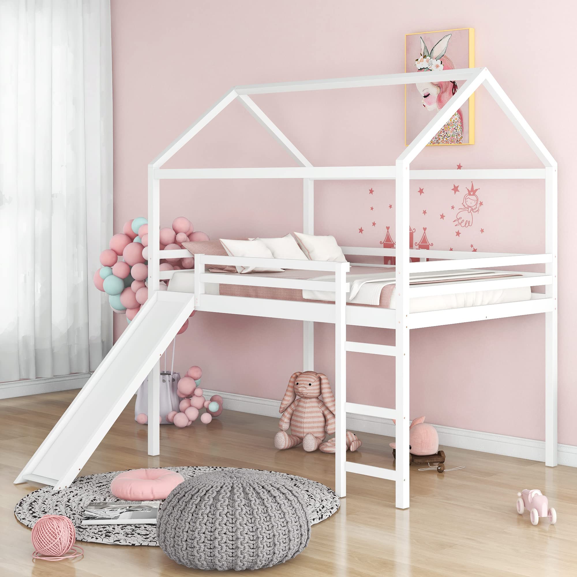 Merax Full Size Wooden Montessori Low Loft Bed with Slide & Stairs - Kids Bunk Bed with Safety Guardrail for Boys & Girls, No Box Spring Needed, White - Perfect for Small Bedrooms & Playrooms