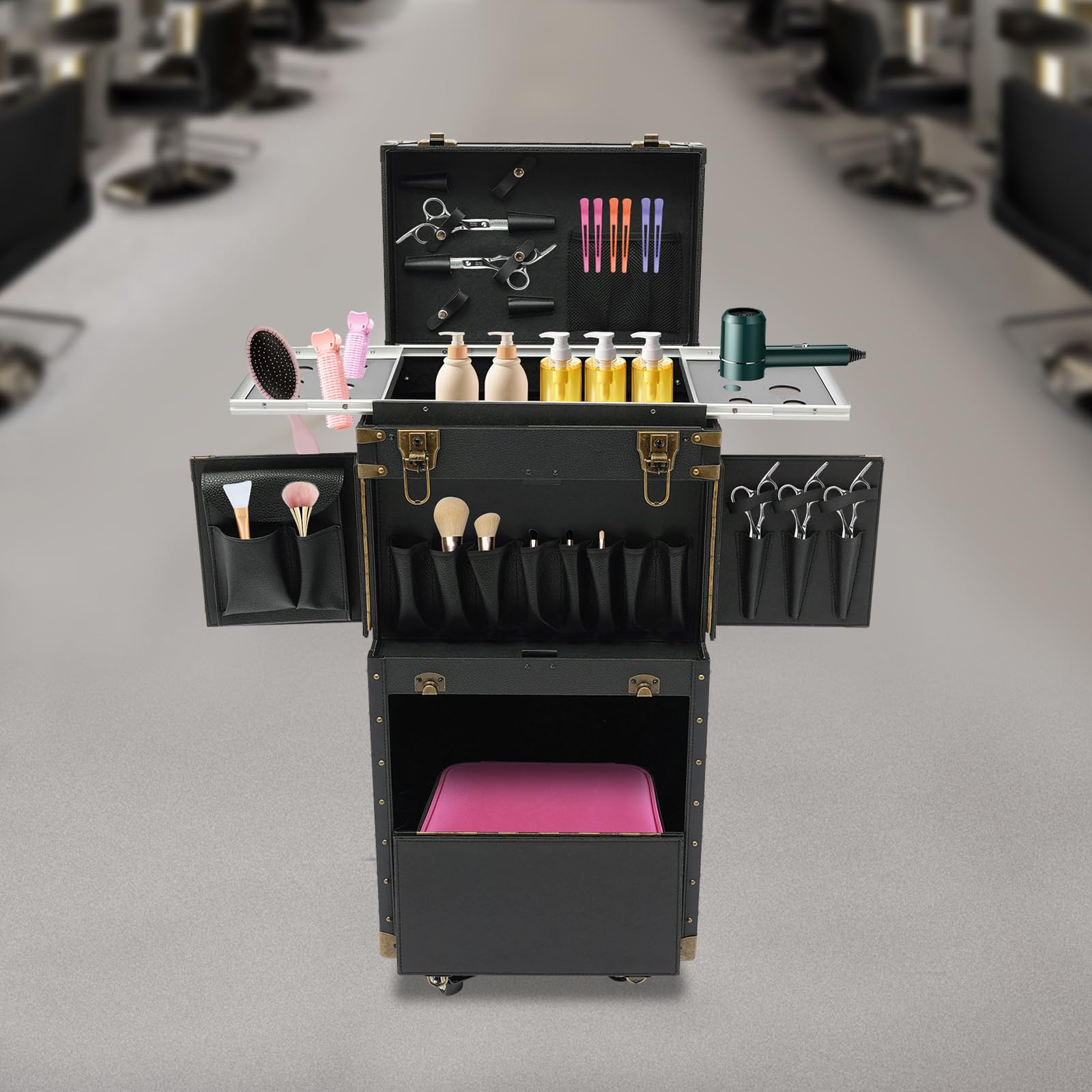 Professional Rolling Cosmetic Case - Lockable Makeup Organizer Suitcase for Travel & Salon | Hairstylist & Beautician Storage Trolley with Wheels | Perfect for Makeup Artists, Hairdressers & Beauty Professionals (Black) - Great for Mobile Salons, Wedding Makeup Services & Travel Cosmetics Organization