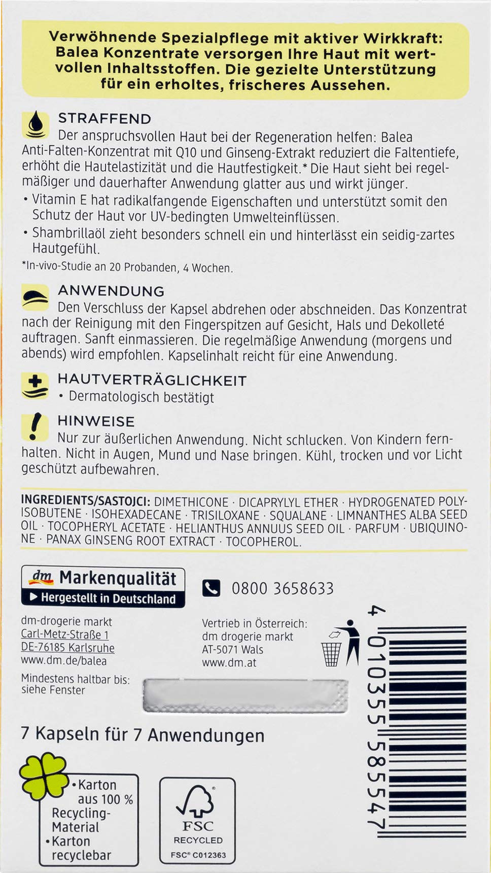 Balea Anti-Wrinkle Oil Concentrate with Q10, Vitamin E & Ginseng Extract - 5 Packs x 7 Pcs (35 Applications) - German Skincare for Face & Neck - Reduce Fine Lines & Wrinkles - Perfect for Night Routine & Mature Skin Care