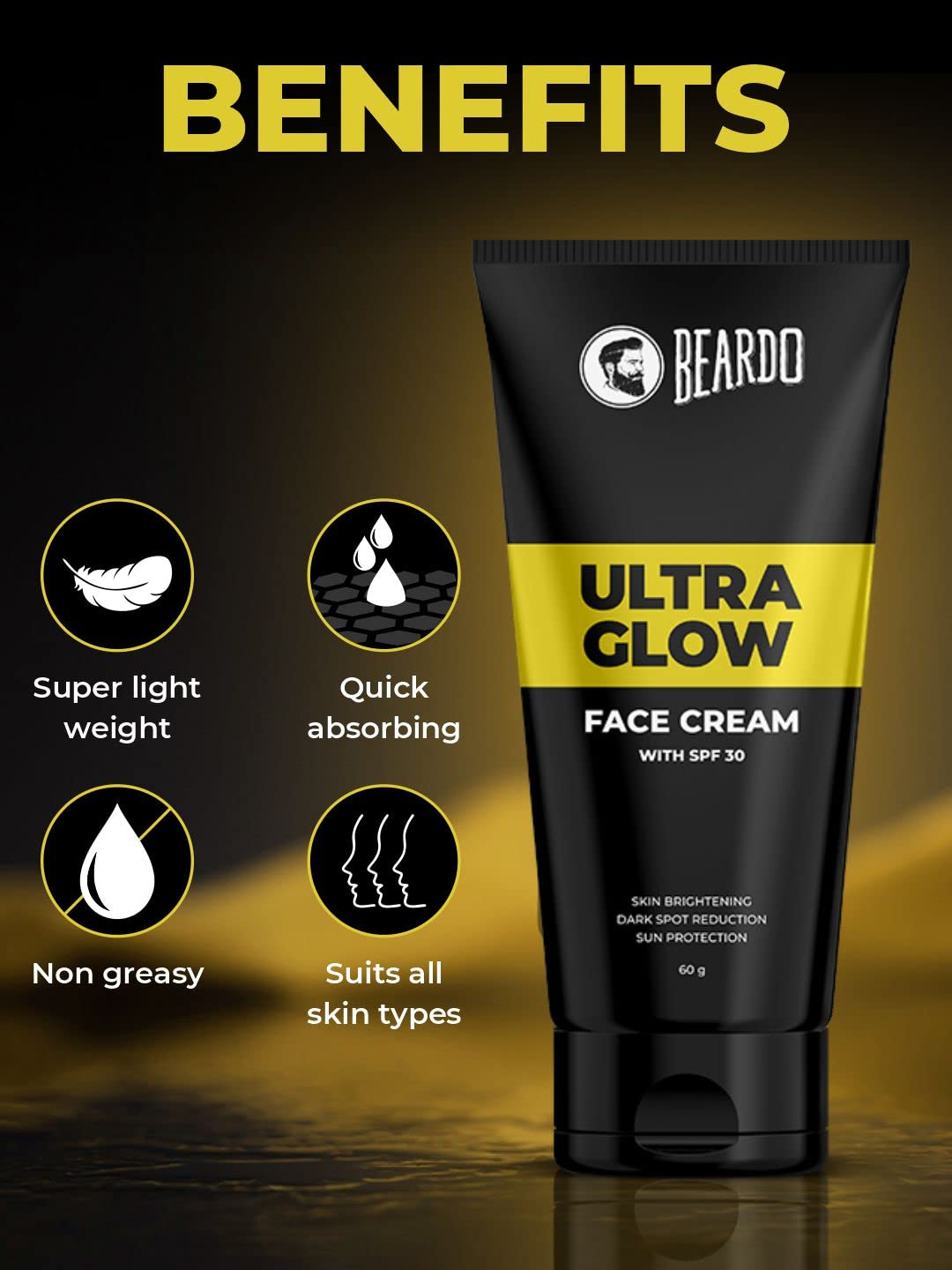 Beardo Ultraglow All-in-One Men's Face Cream with SPF 30, 60g - Aloe Vera, Vitamin E & Niacinamide for Skin Brightening, Dark Spot Reduction & Hydration | Daily Moisturizer for Men's Skincare Routine, Gym & Outdoor Protection