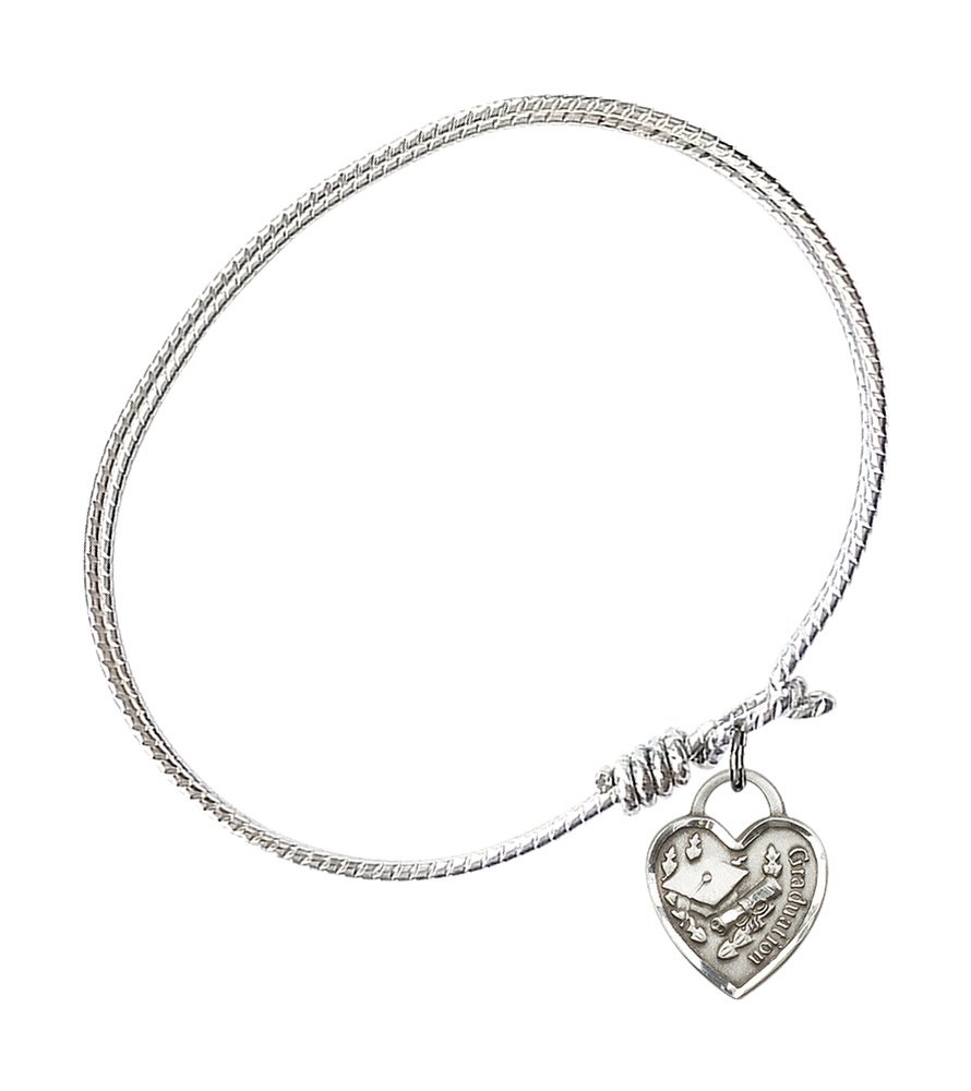 Sterling Silver Oval Eye Hook Bangle Bracelet with Graduation Heart Charm - Perfect for Graduation Gifts, Prom Jewelry & Everyday Wear