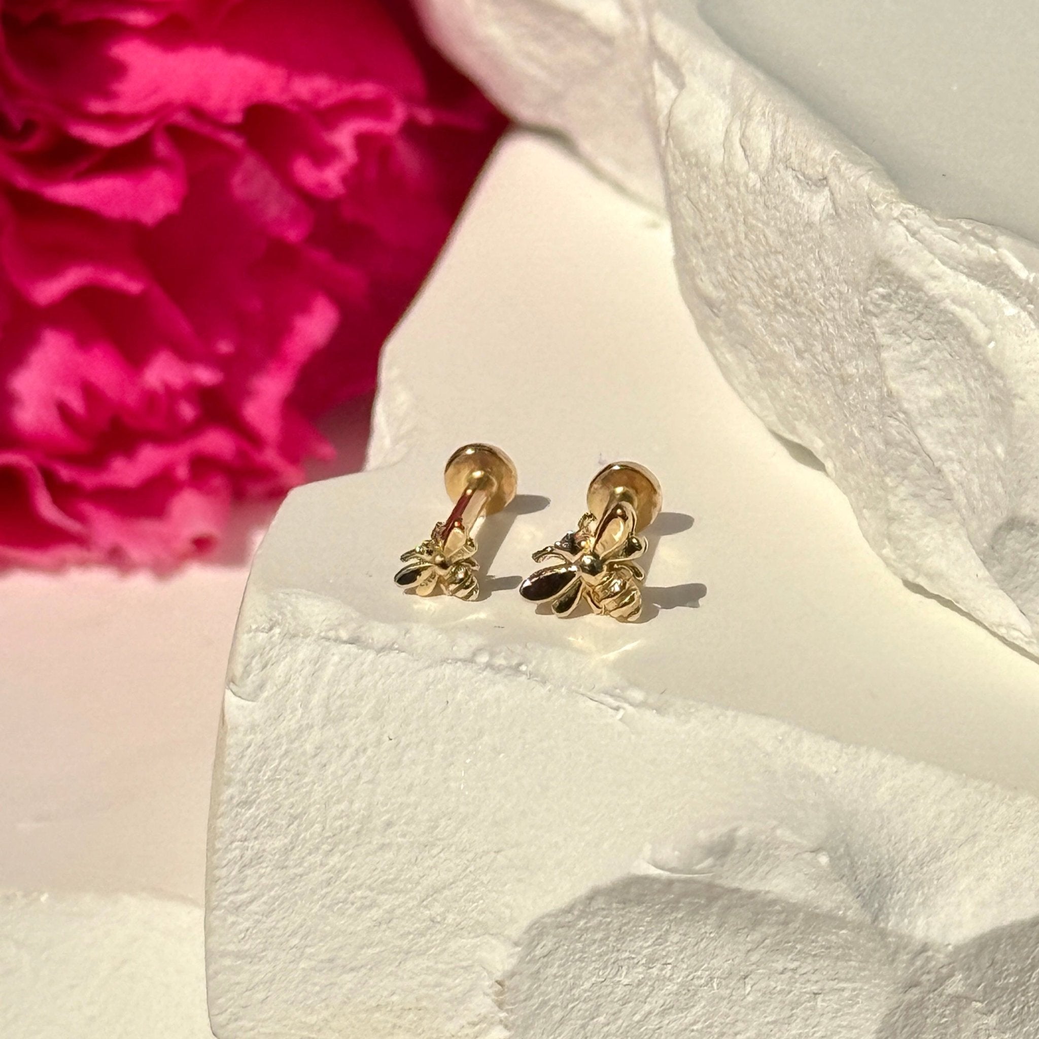 Minimalist Bee Flat Back Stud Earrings in Solid 14k Yellow Gold - Dainty Jewelry for Everyday Wear, Gifts & Special Occasions