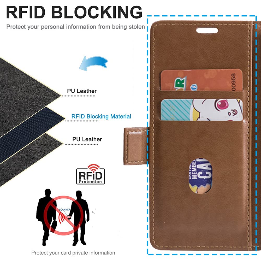 Premium PU Leather Wallet Case for iPhone 14 - Shockproof Protective Cover with RFID Blocking, Card Slots & Magsafe Wireless Charging | Brown Stand Phone Case for Work, Travel & Everyday Use