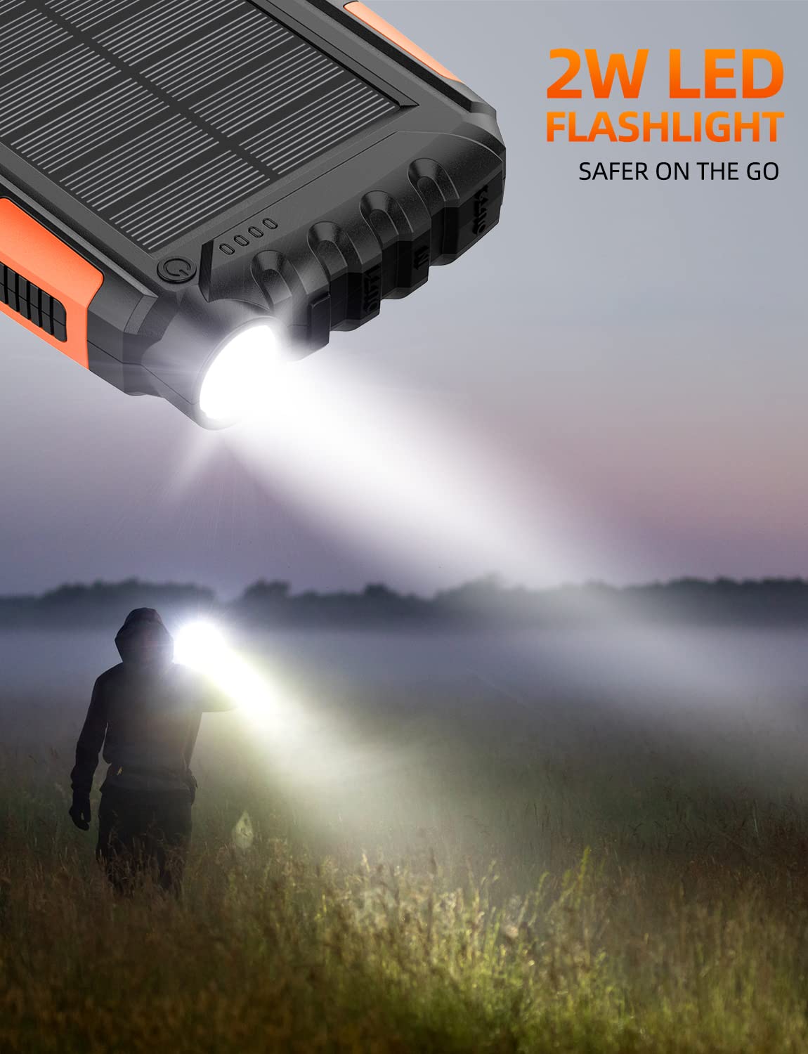 42800mAh Solar Power Bank with QC 3.0 Fast Charging - Portable Solar Charger, External Battery Pack with Super Bright Flashlight (Orange) - Perfect for Camping, Hiking, and Emergency Power Outages