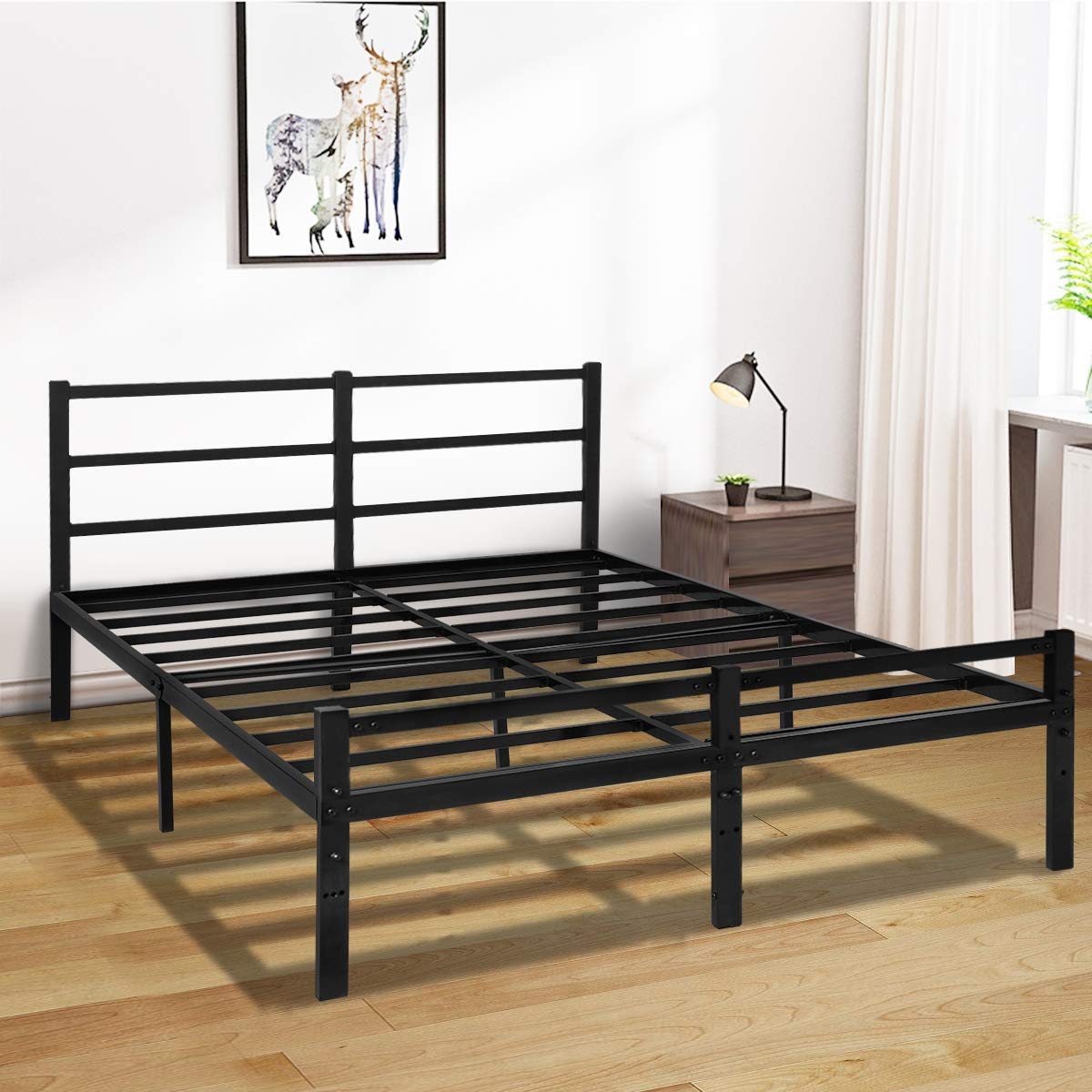 AKSG Full Size Bed Frame with Headboard - 14 Inch Sturdy Metal Platform Bed Frame, No Box Spring Needed, Heavy Duty Steel Slats & Underbed Storage Space - Perfect for Small Bedrooms, Guest Rooms & Dormitories