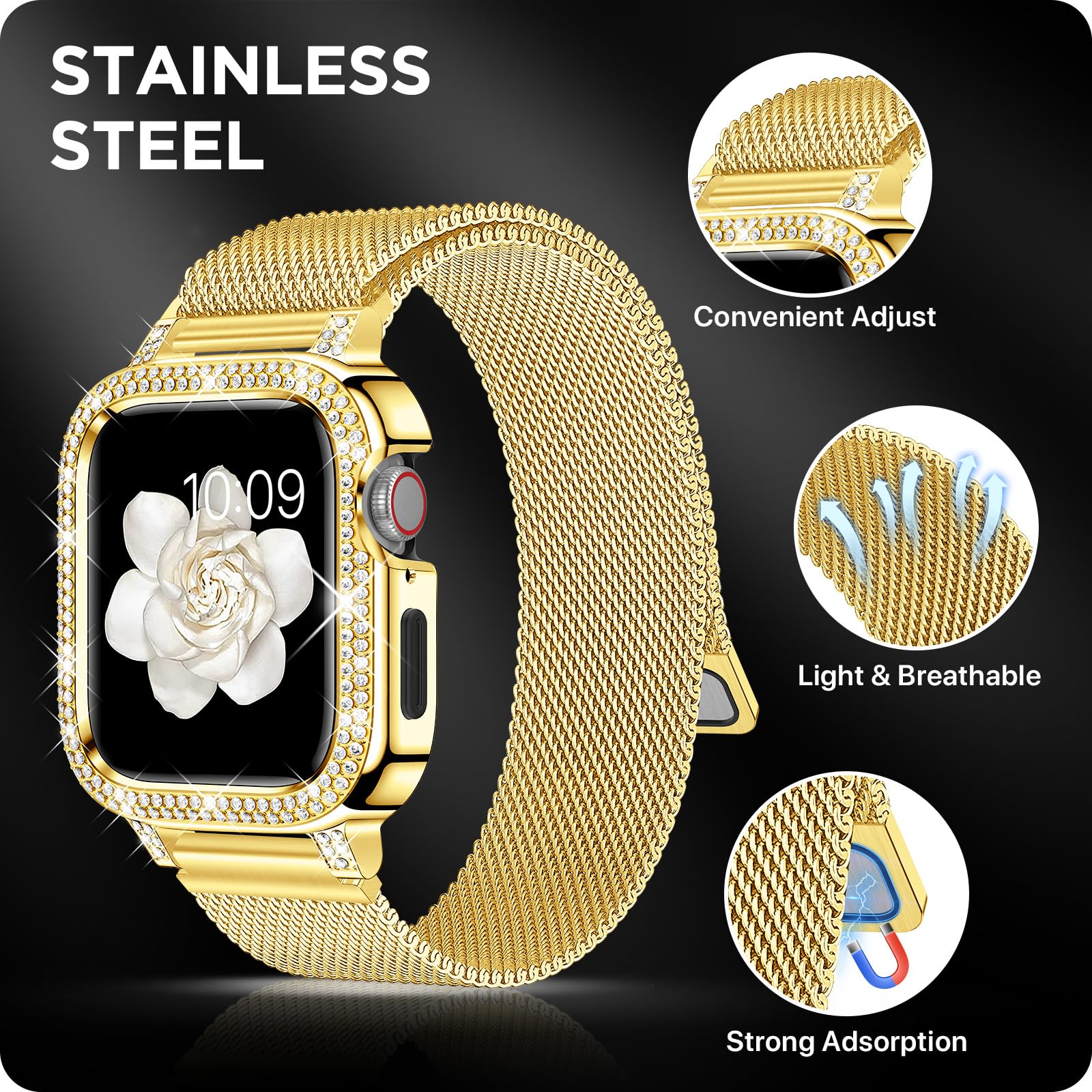 XYF Luxury Stainless Steel Magnetic Milanese Loop Band for Apple Watch Series 9/8/7/6/SE/5/4 - 45mm 44mm 41mm 40mm Women's Dressy Rhinestone Strap with Bumper Protection | Perfect for Work, Parties & Everyday Wear