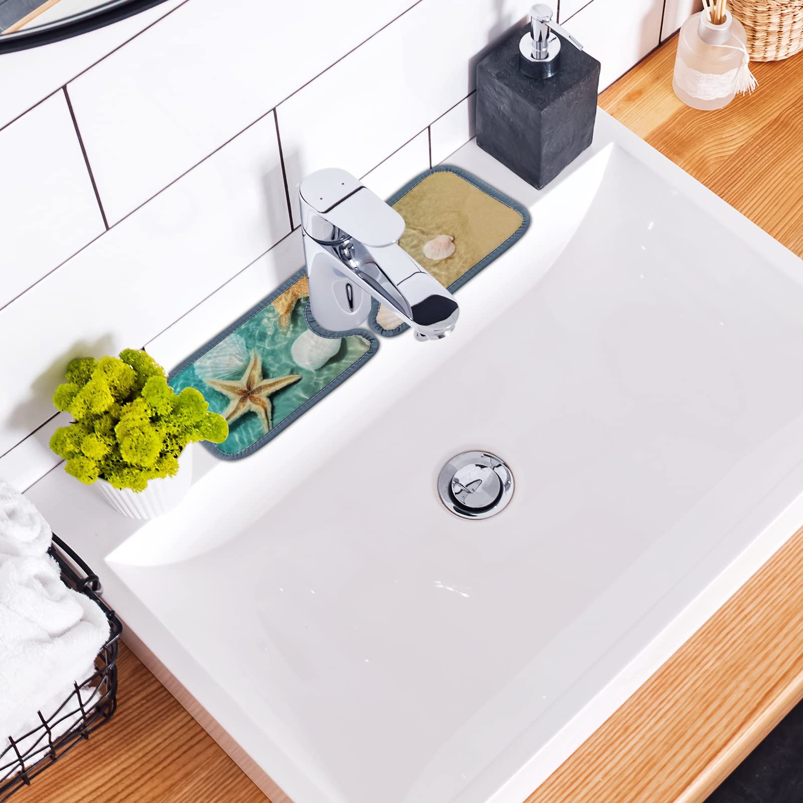 **3-Pack Absorbent Sink Faucet Splash Guard Mats - Non-Slip Countertop Protector for Kitchen & Bathroom, RV, Beach House - Shell Design, Water Stain Proof, Easy Cleaning**    *(Perfect for kitchens, bathrooms, RVs, beach houses, and outdoor sinks to prevent water splashes and stains!)*