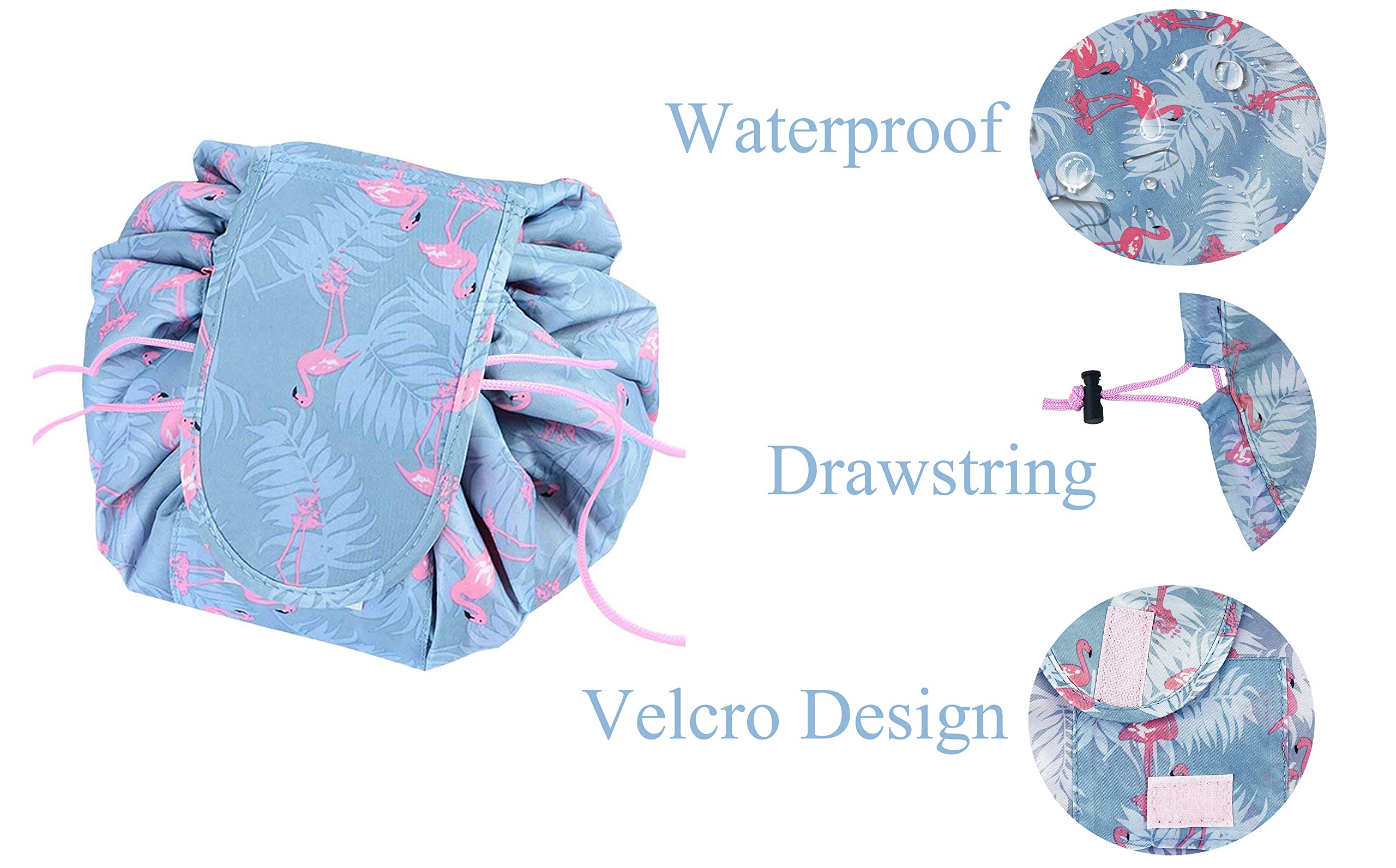 VALAMJI Large Waterproof Drawstring Cosmetic Bag - Travel Makeup Organizer & Toiletry Pouch with Lazy Design (Grey Flamingo) - Perfect for Gym, Beach Trips & Daily Essentials Storage