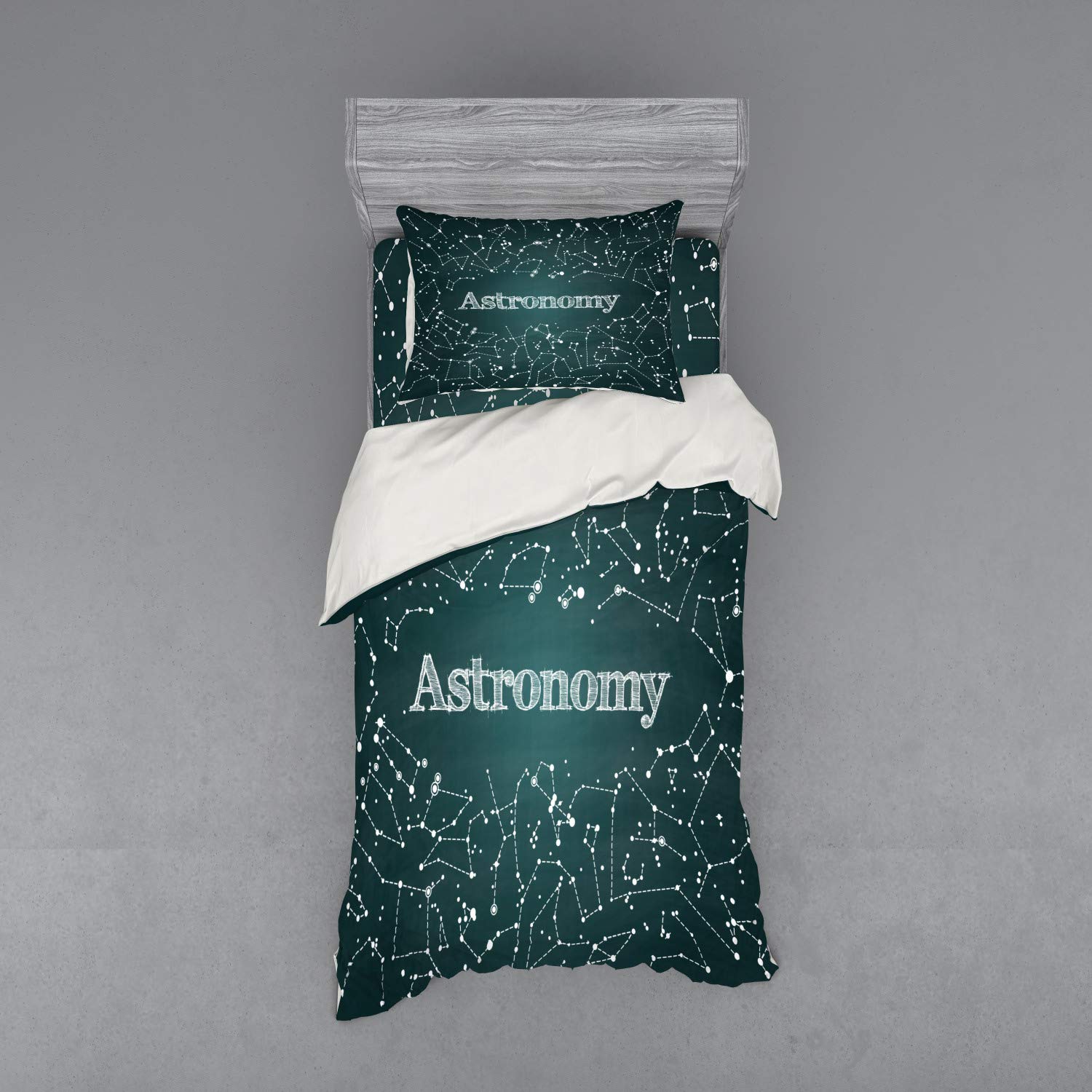 Ambesonne Constellation Duvet Cover Set - Astronomy Star Pattern Bedding with Chalkboard Design, 3 Piece Twin XL Size (Duvet Cover + Sham + Fitted Sheet) in Green & White - Perfect for Kids Room, Dorm Decor or Space Themed Bedroom