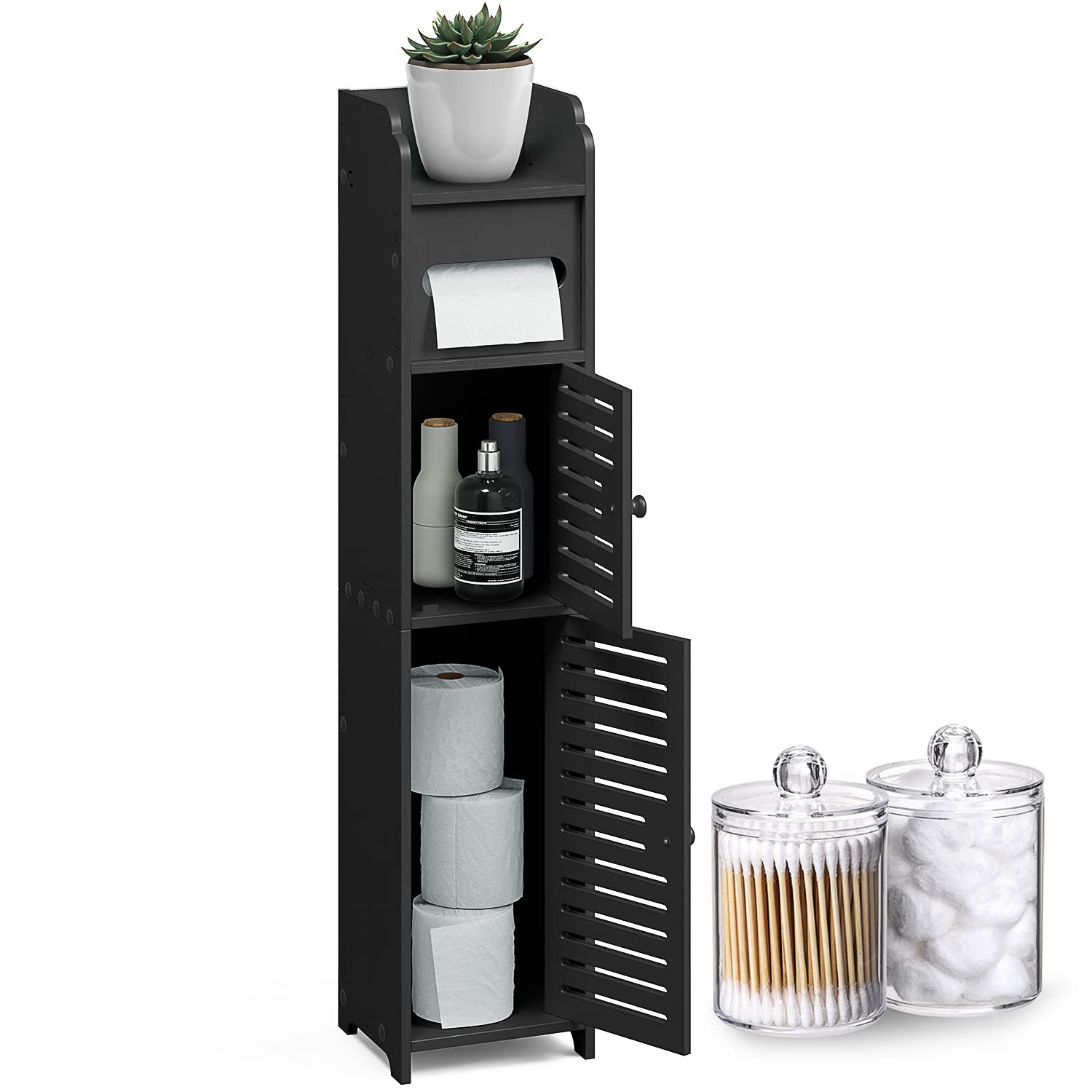 StorageBud Tall Bathroom Storage Organizer Cabinet with Shelves & 2 Apothecary Jars - Floor Standing Organizer for Toilet Paper, Towels & Bath Accessories - Space Saving Bathroom Storage Solution for Small Spaces - Black