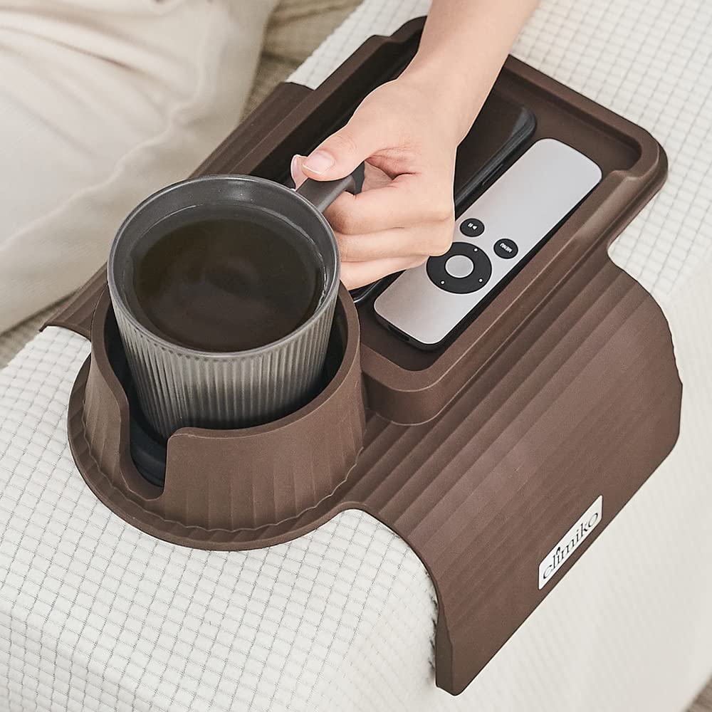 Elimiko Silicone Sofa Cup Holder Tray with Large Drink Holder - Fits Oversized Mugs, Remote, Snacks & Phone - Perfect for Living Room, Bedroom & Home Theater (Mocha Brown)