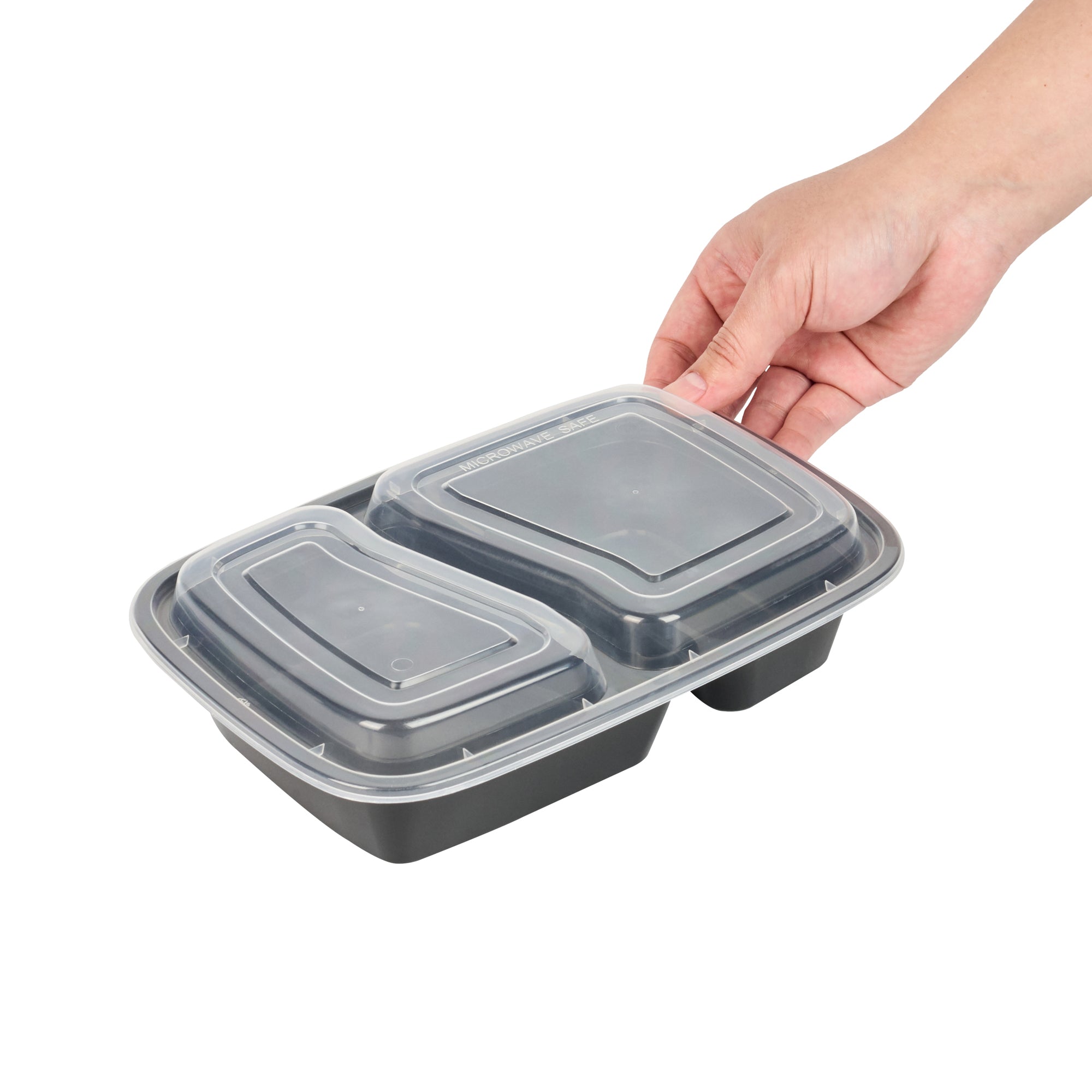 32 oz Black Plastic 2 Compartment Food Storage Containers with Clear Lids - Microwave Safe, 8.75