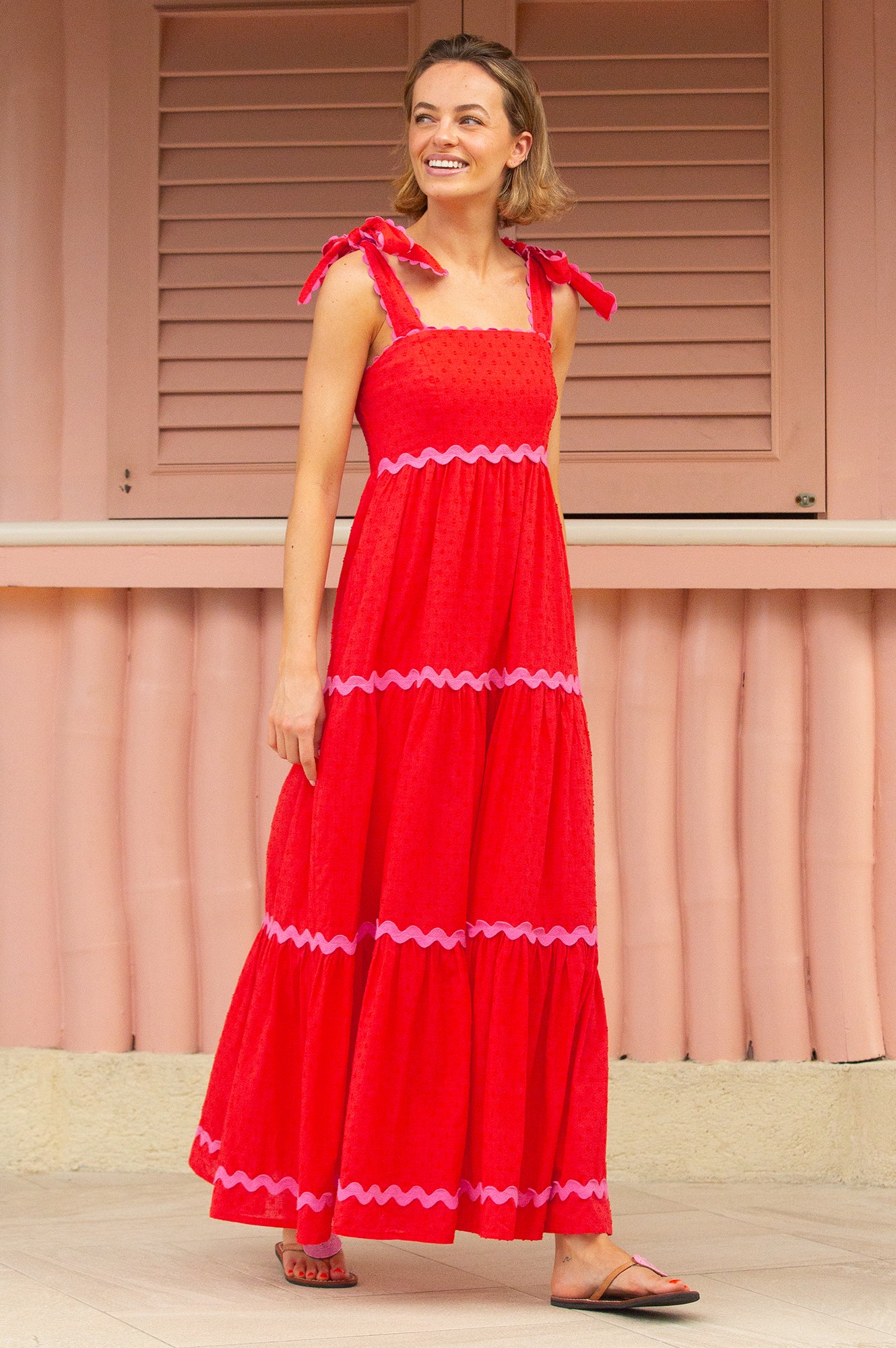 Tabitha Organic Cotton Dobby Ric Rac Dress for Women - Red & Pink Floral Summer Dress | Perfect for Beach Vacations, Garden Parties & Casual Outings