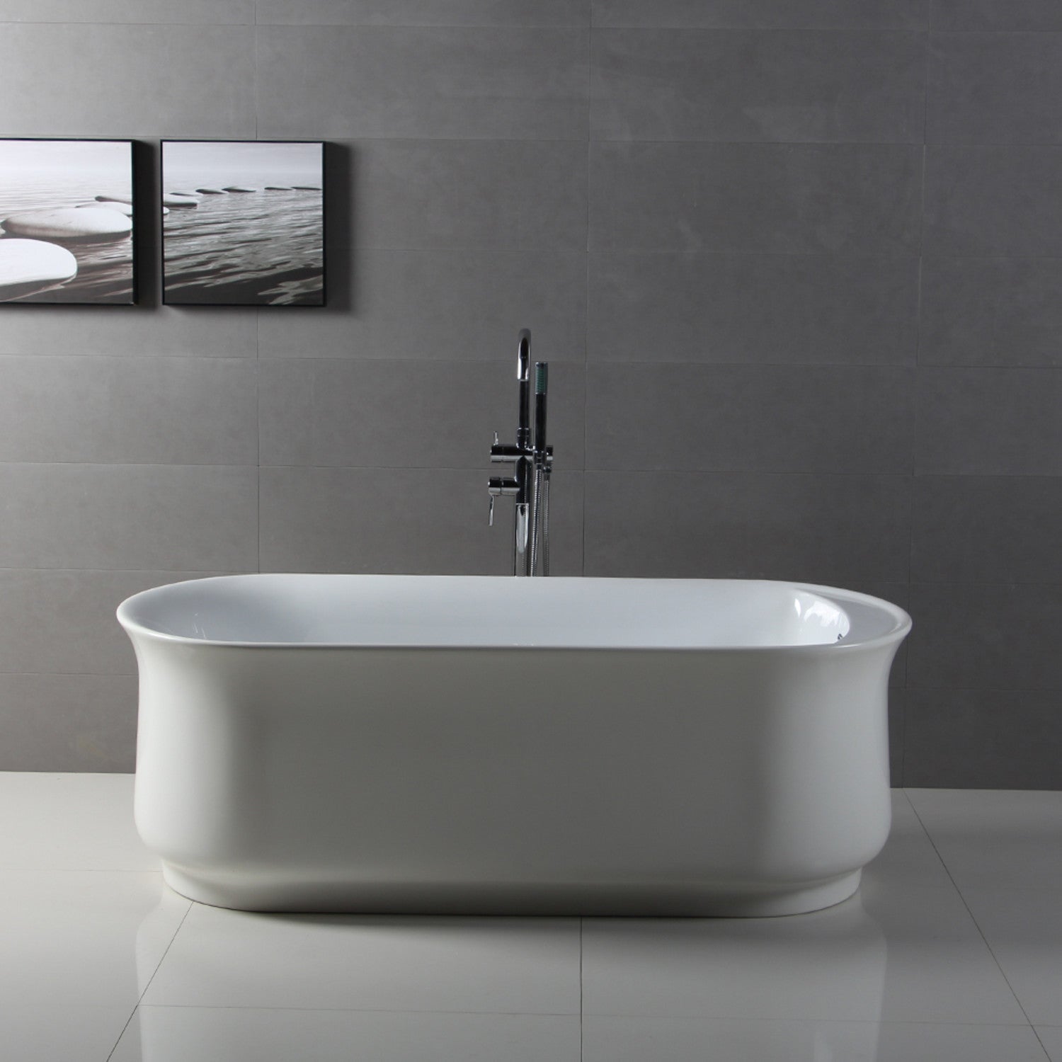 Aqua Eden 66 Inch Acrylic Oval Freestanding Bathtub - Glossy White, Anti-Skid Surface with Drain - Luxury Soaking Tub for Spa-Like Bathroom Experience
