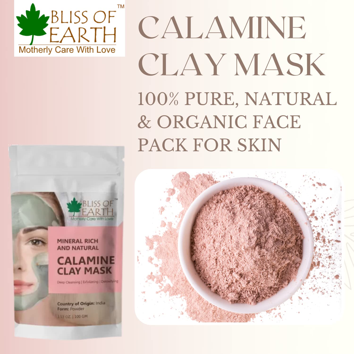 **Bliss of Earth 100% Pure Pink Calamine Clay Powder - 3 Pack (100g Each) for Acne, Eczema & Skin Detox - Perfect for DIY Face Masks & Natural Skincare**