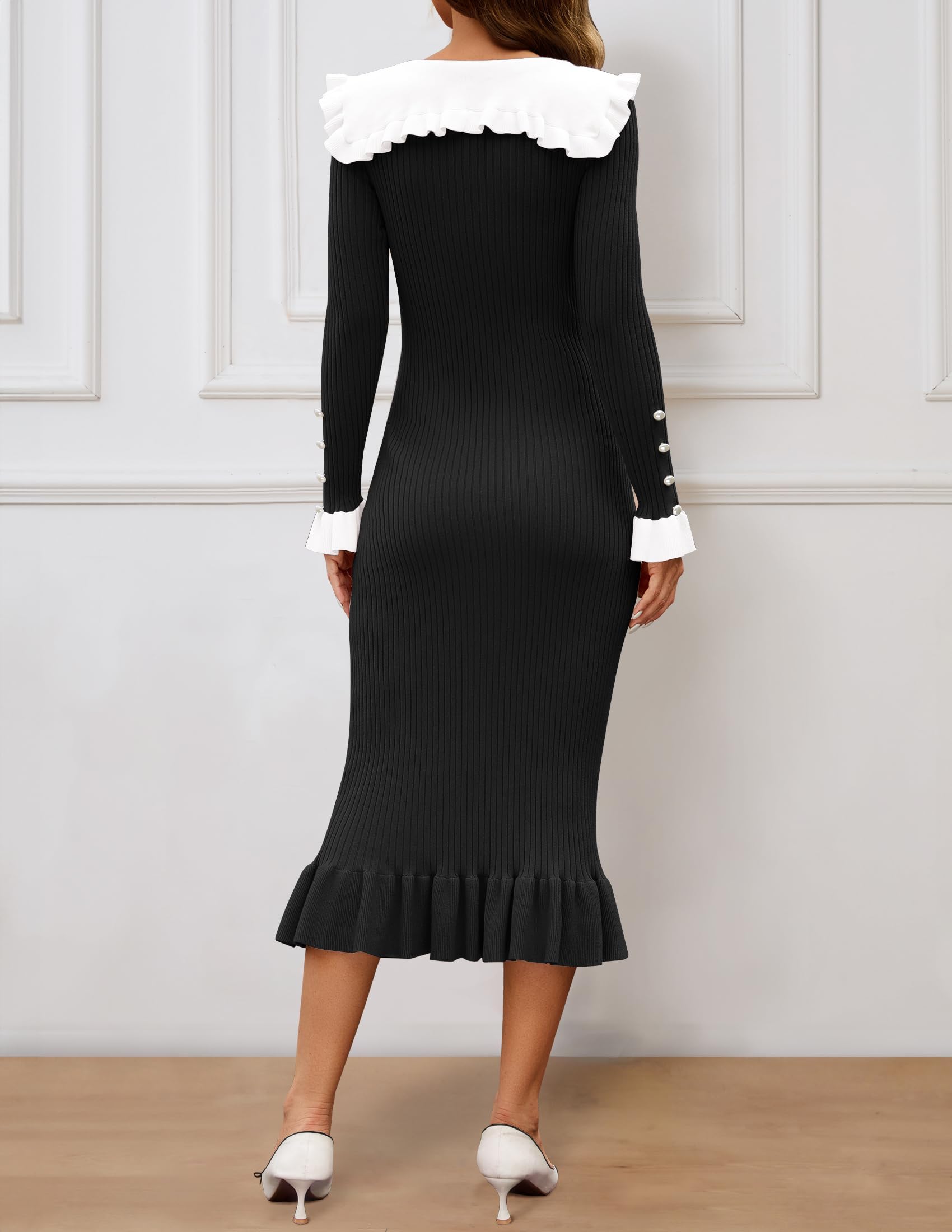 ZESICA Women's Long Sleeve Sweater Dress 2025 | Spring Lapel Collar Button Front Elegant Casual Midi Bodycon Dress for Office, Date Night & Fall Layering