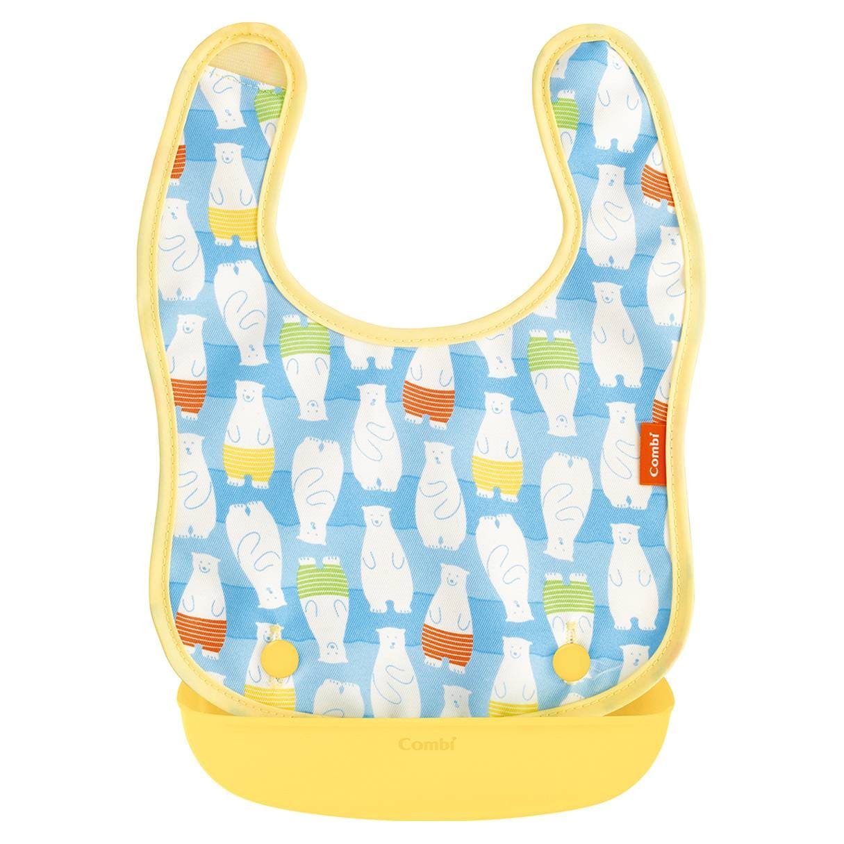 Combi Japan Easy to Clean Baby Bib with Pocket - Adorable Polar Bear Design - Perfect for Mealtime & Messy Play
