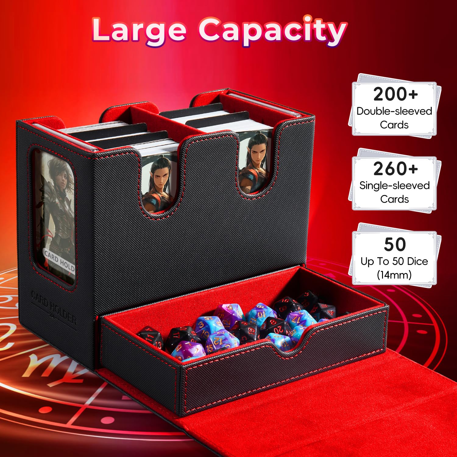 Premium Commander Deck Box for Magic TCG - 4-in-1 Storage Case with Dice Tray & 4 Dividers - Holds 230 Cards (Black/Red) - Perfect for MTG Tournaments, Card Collection & Game Nights