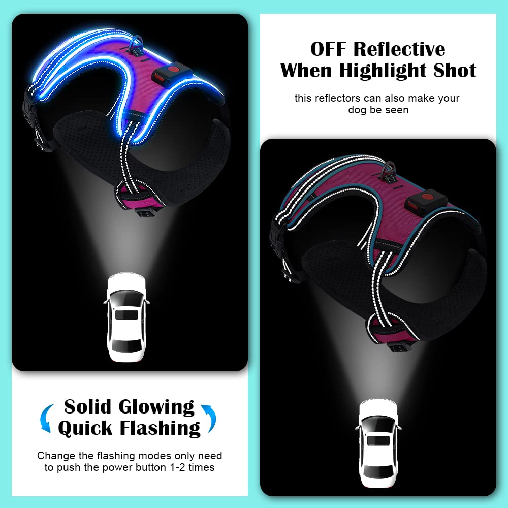 BSEEN Rechargeable LED Dog Harness - No Pull Reflective Safety Vest with Light Up Collar for Night Walking, Pink Large - Perfect for Evening Jogs, Dog Parks & Outdoor Adventures