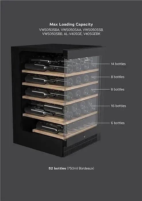Vintec 50 Bottle Single Zone Wine Cooler Refrigerator - Black | Premium Wine Storage for Home, Restaurant, or Bar Use