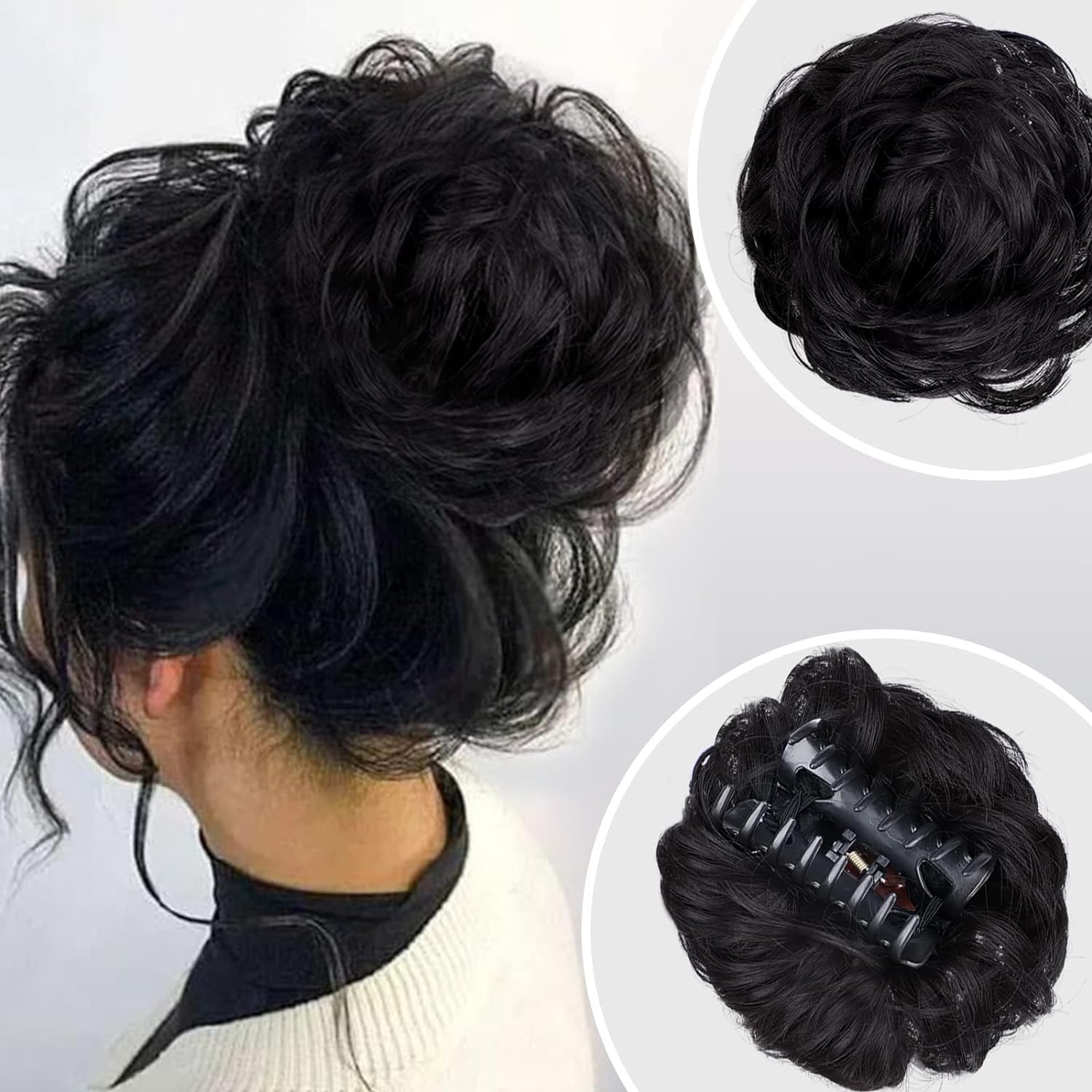 Messy Bun Hair Clip for Women - Wavy Curly Synthetic Hairpiece, Claw Chignon Ponytail Clip in Hair Extensions, Tousled Updo Scrunchie (Natural Black) - Perfect for Daily Wear, Parties & Special Occasions