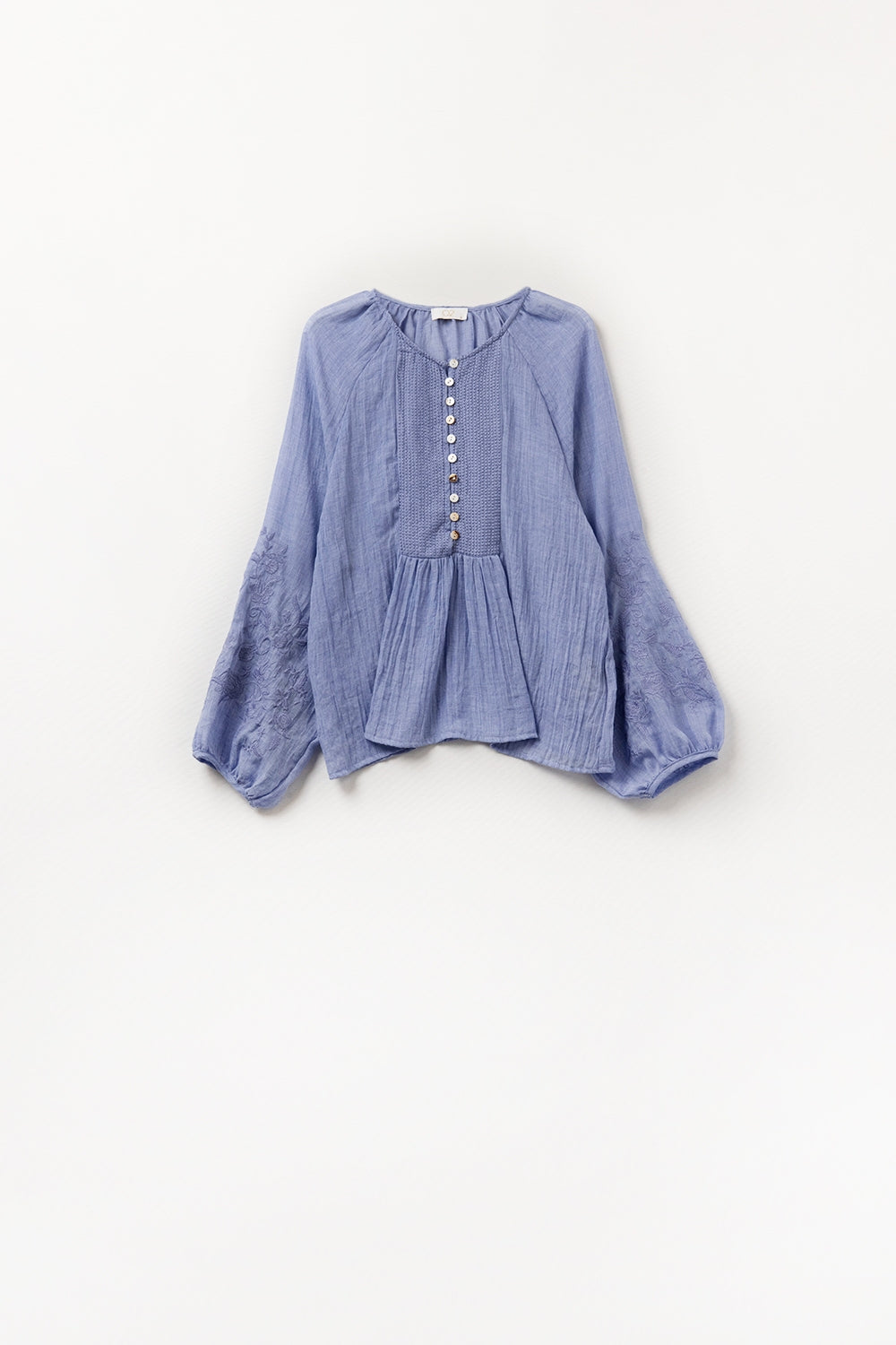 Blue Silk Chiffon Blouse with Embroidered Sleeves - Elegant Women's Top for Office Wear, Parties & Special Occasions