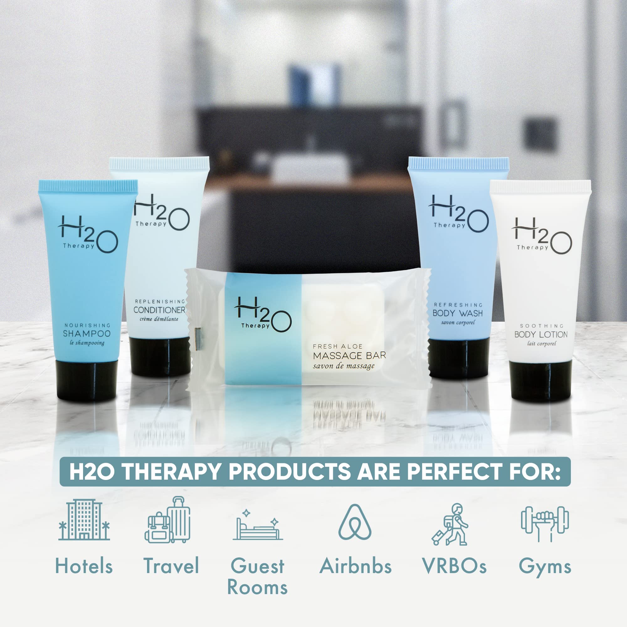 H2O Therapy Hotel Soaps & Toiletries Bulk Set - 300 Pieces Travel Size Amenities Kit with 0.85oz Shampoo, Conditioner, Body Wash, Lotion & 1oz Bar Soap | Perfect for Hotels, Spas, Travelers & Hospitality Businesses