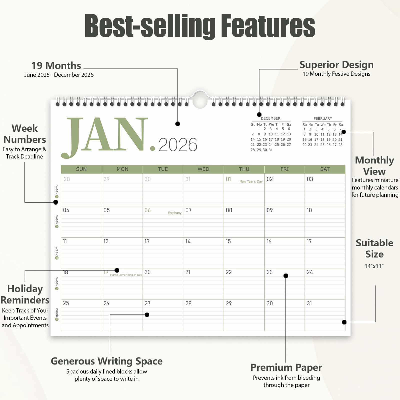 GuassLee 2025-2026 Wall Calendar | 19-Month Spiral Bound Hanging Planner (June 2025 - December 2026) | 14