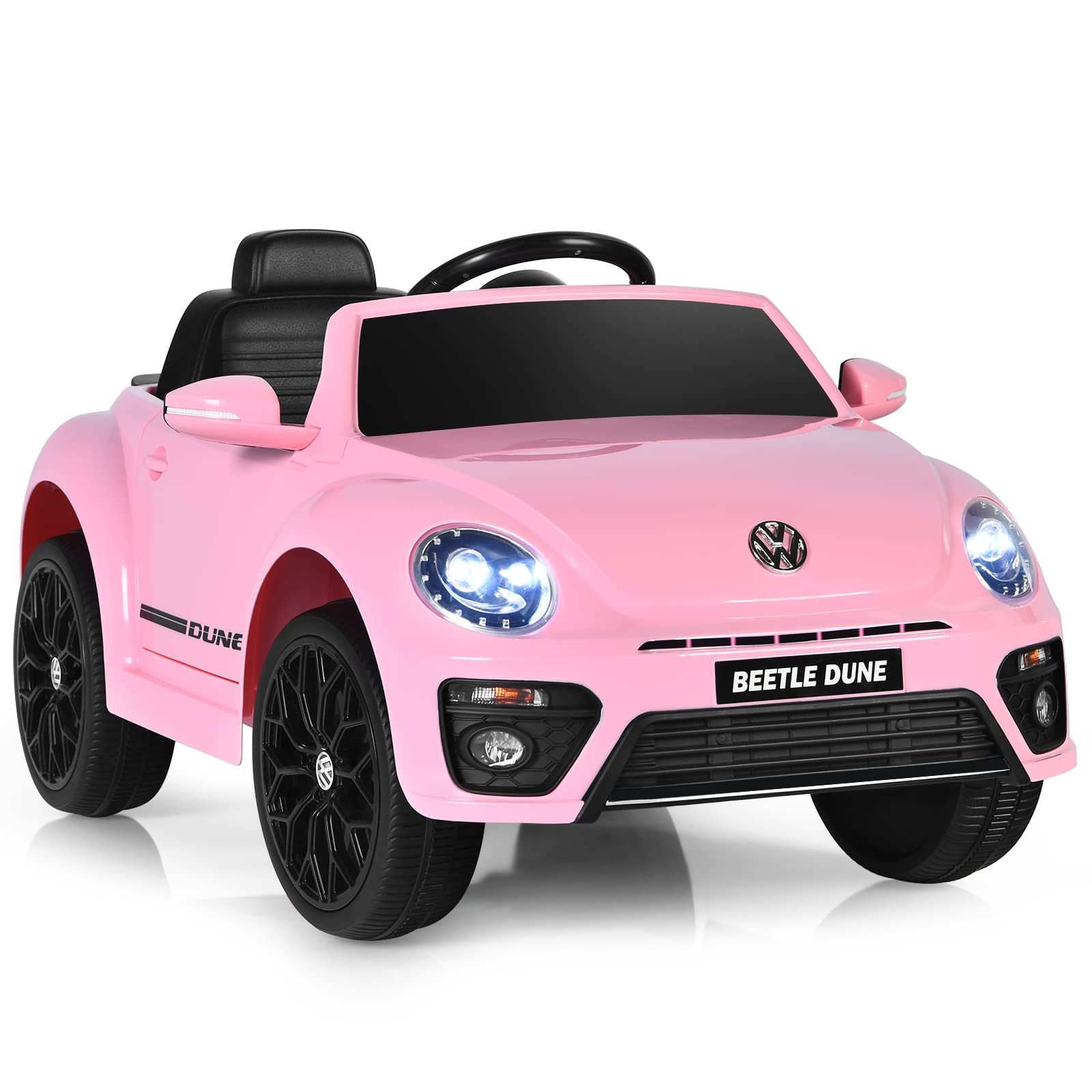 Costzon 12V Licensed Volkswagen Beetle Ride-On Car for Kids - Electric Battery-Powered Vehicle with Remote Control, Spring Suspension, LED Lights, USB Port, Horn & Music - 4-Wheeler Toy Car Gift for Boys & Girls (Pink) - Perfect for Birthday Presents, Outdoor Play & Indoor Fun