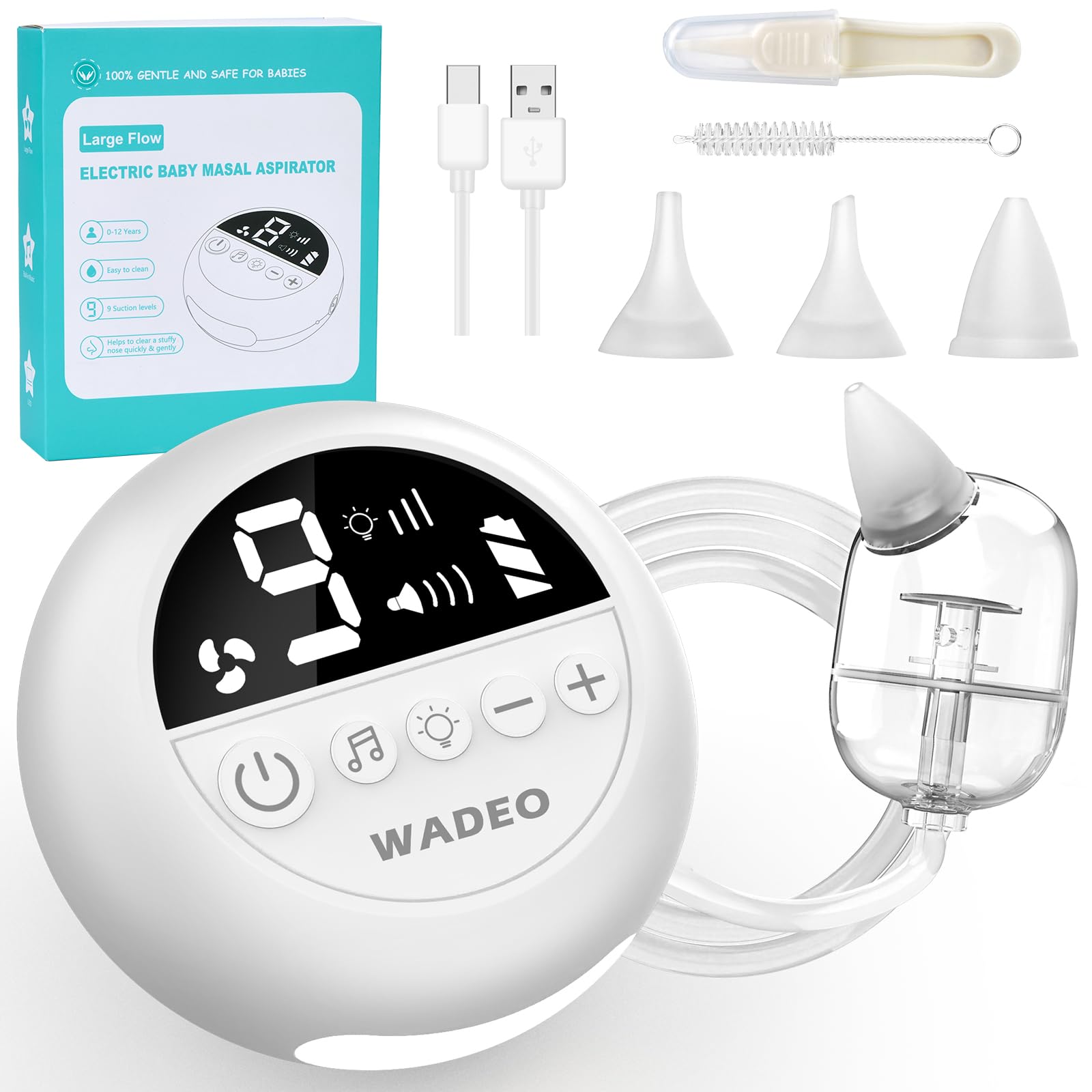 WADEO Electric Baby Nasal Aspirator - Rechargeable Nose Suction for Infants with 9 Adjustable Levels, Night Light & Soothing Rhymes | Safe Newborn Nasal Care for Congestion Relief & Better Sleep