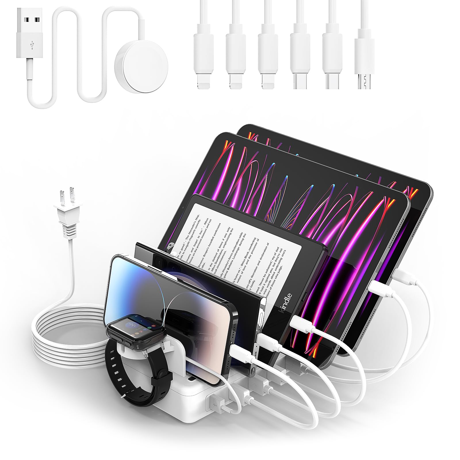 2025 New 6-Port USB Fast Charging Station - 50W Multi-Device Charger Dock with Watch Charger for iPhone, Android, iPad, Kindle & Smartwatches - Perfect for Home, Office & Travel Organization