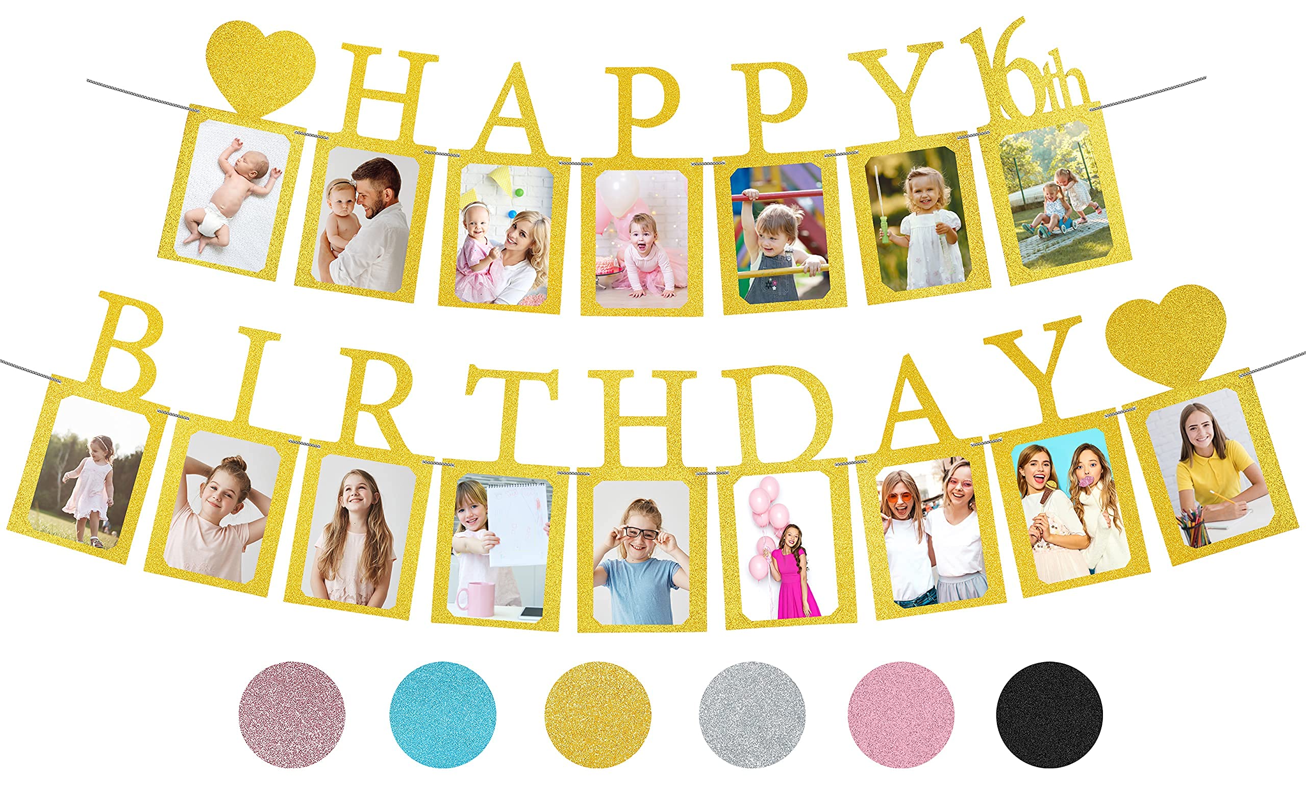 Gold Sweet 16 Birthday Banner with 6 Photo Frames - Pre-Assembled Party Decorations for Girls - Happy 16th Birthday Signs - Perfect for Sweet Sixteen Parties, Photo Booths & Milestone Celebrations