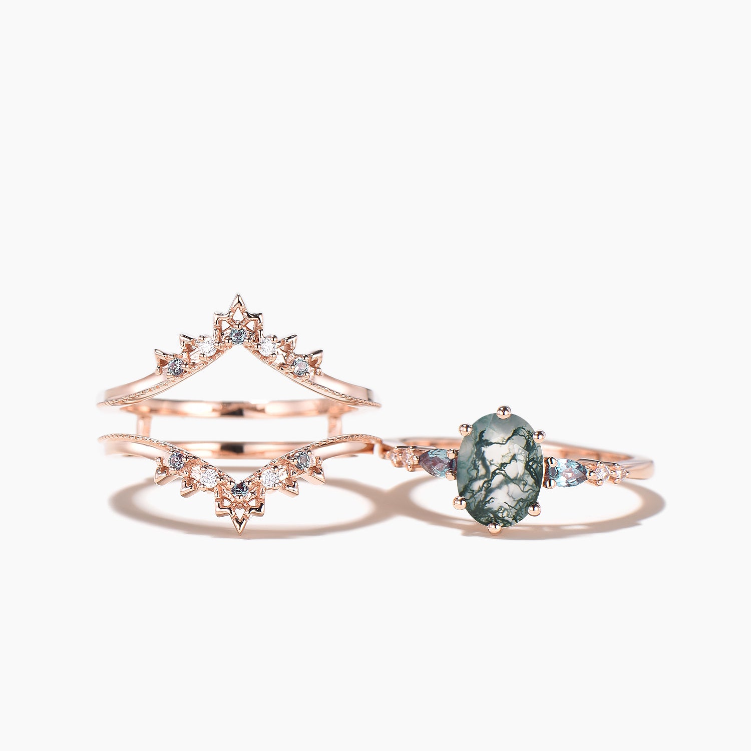 Natural Oval Cut Moss Agate Engagement Ring with Alexandrite & Diamond Accents - Wedding Band Enhancer for Bridal Jewelry & Special Occasions