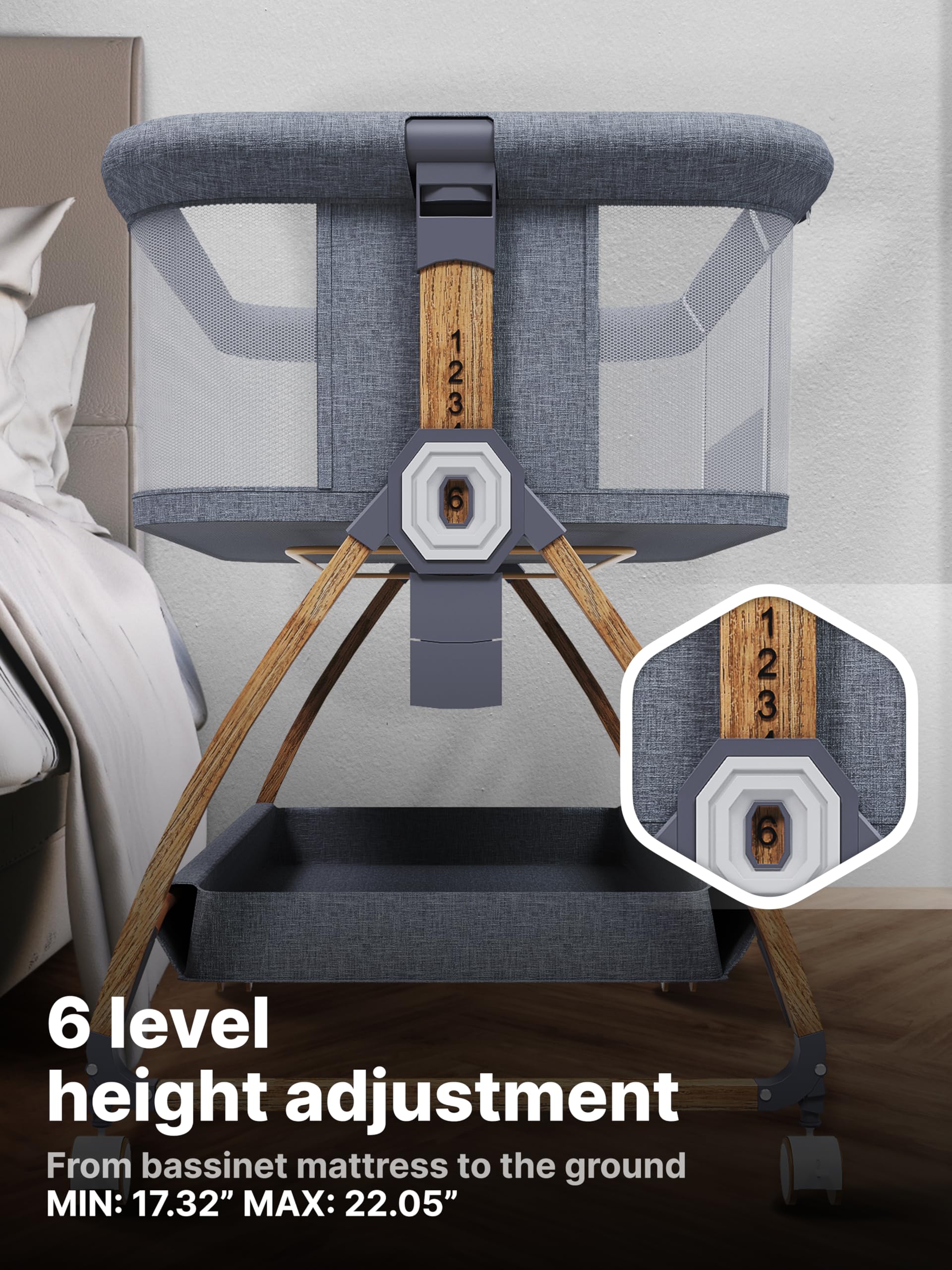 **Portable Baby Rocking Bassinet Bedside Sleeper - Adjustable Height Mesh Crib for Safe Co-Sleeping, Storage Basket & Wheels, Includes Travel Bag & Mosquito Net (Wood Grain, Grey) – Perfect for Nursery, Travel & Bedside Sleeping**