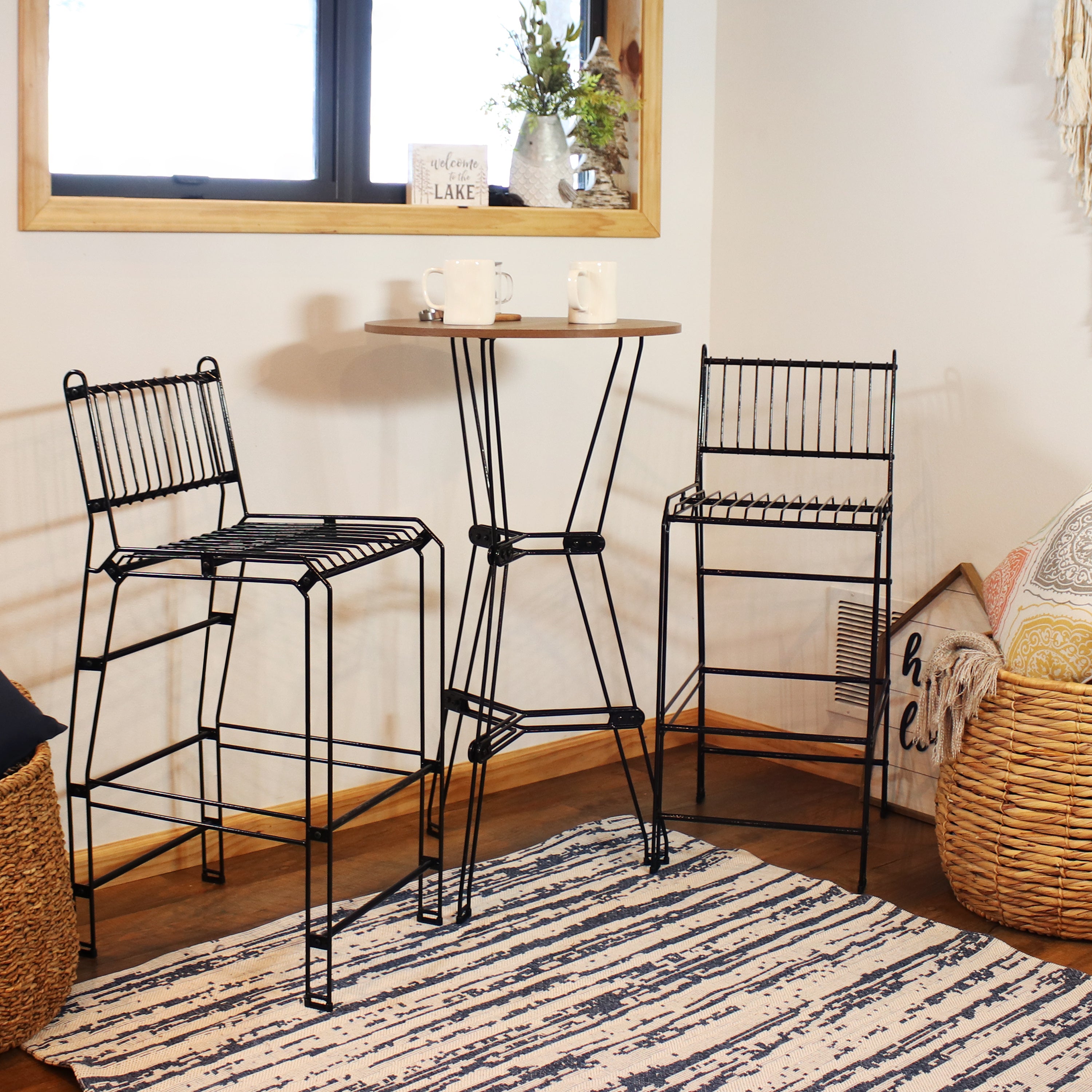 Sunnydaze 3-Piece Outdoor Bar Table and Chairs Set with Faux Woodgrain Top - Patio, Deck, Garden, and Backyard Bistro Dining Set