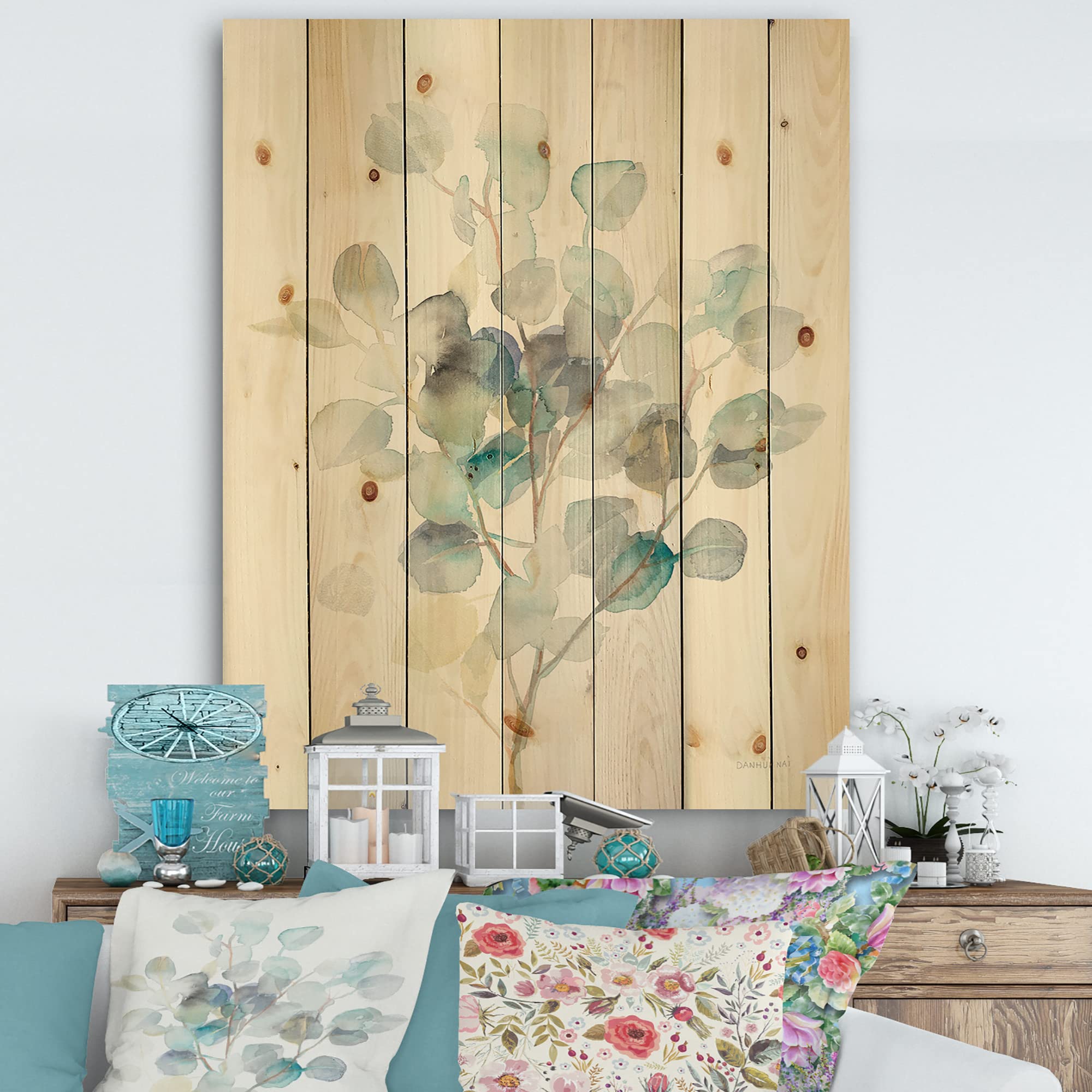 Eucalyptus Leaves Wood Wall Decor - Blue Floral Wall Art Panels Printed on Natural Pine - Perfect for Living Room, Bedroom & Farmhouse Decor