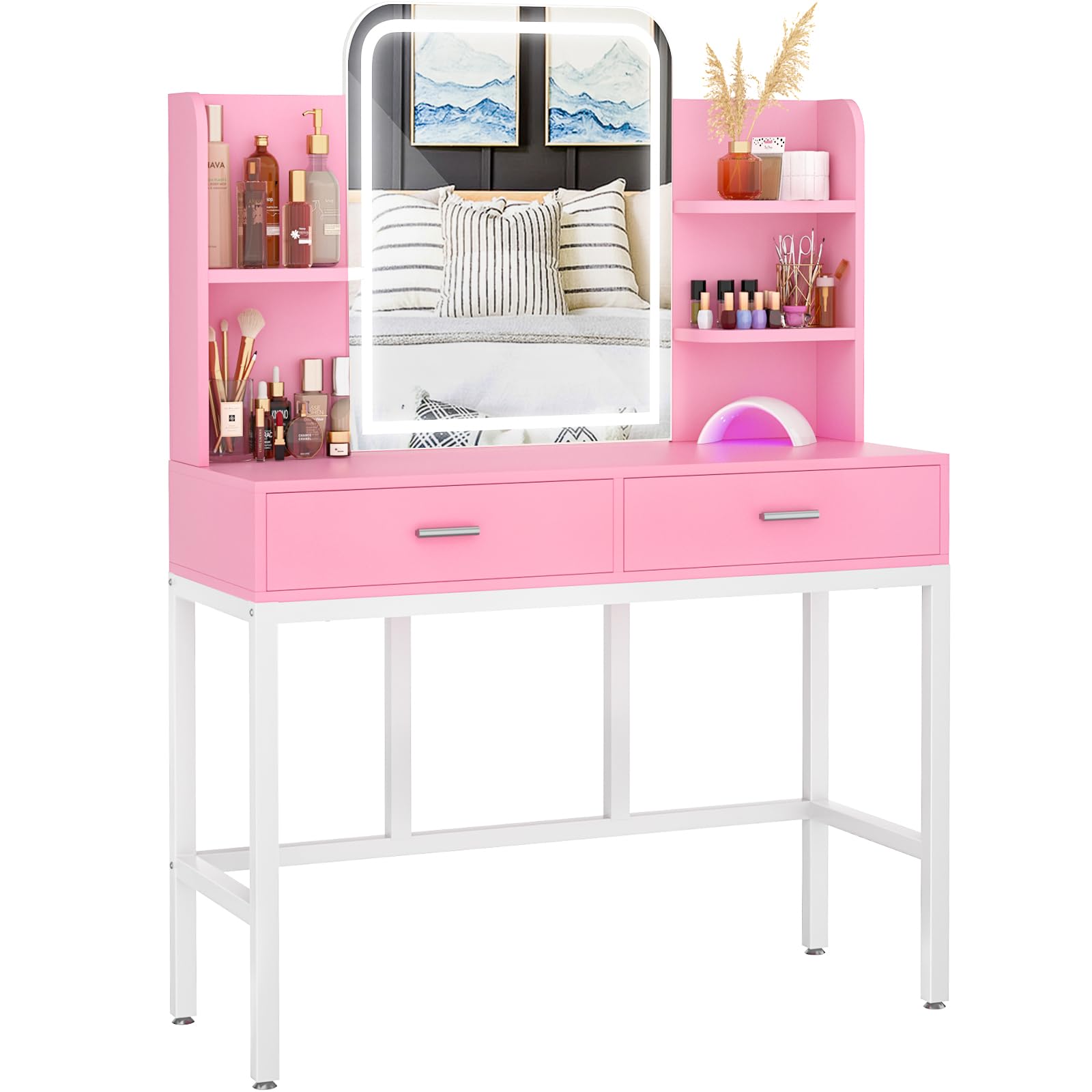 Armocity Vanity Desk with LED Lights & Mirror, Modern Makeup Vanity Table Set with 2 Storage Drawers & Shelf - 3 Color Lighting Options, Pink Dressing Table for Bedroom | Perfect for Makeup Application, Skincare Routine & Home Decor