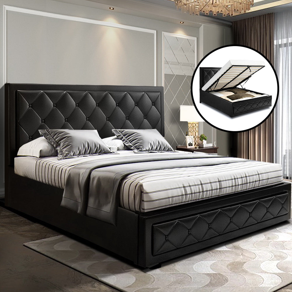 Bronte Storage Double Bed Frame Black - Queen Size Platform Bed with Underbed Storage - Perfect for Small Bedrooms & Guest Rooms