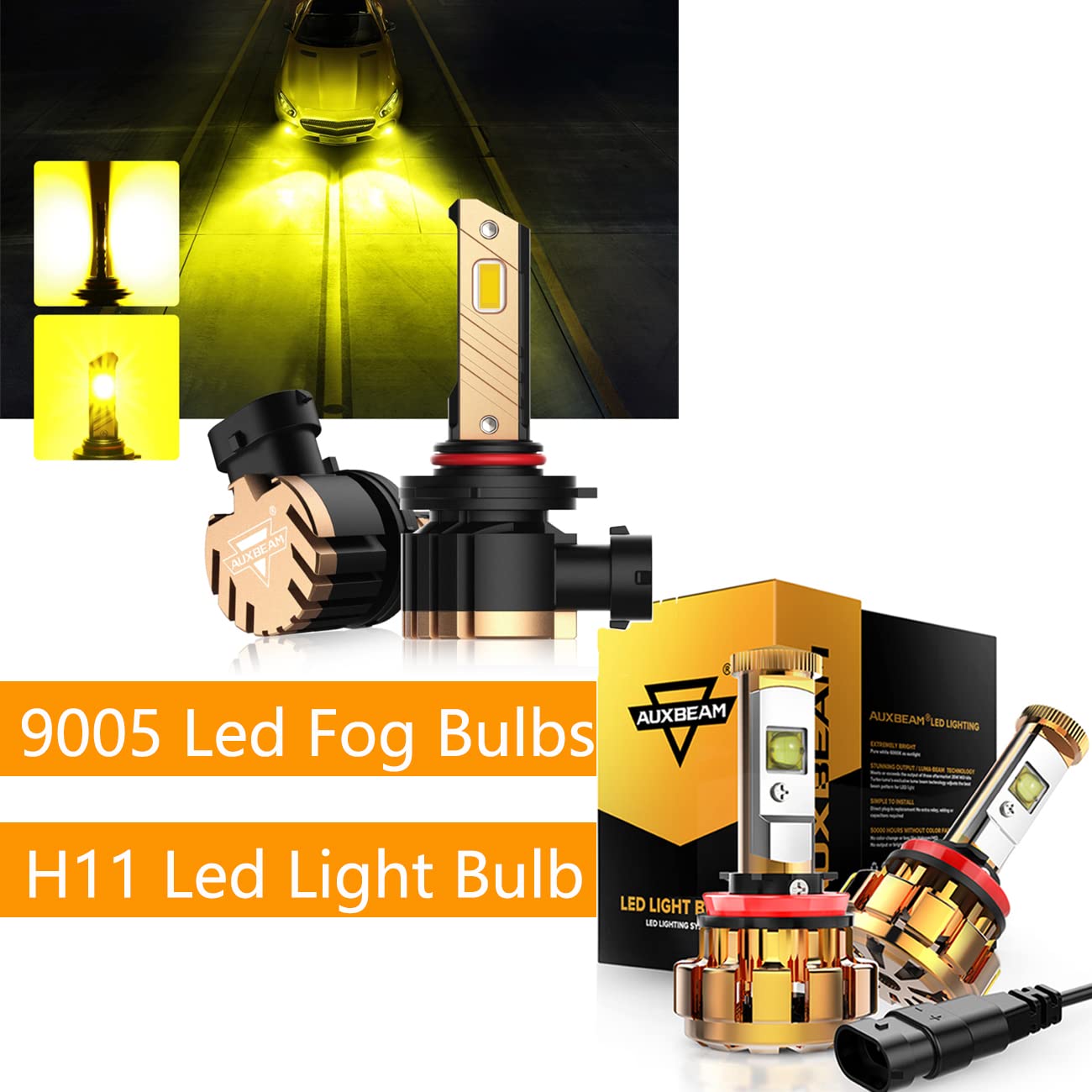 Auxbeam H11 LED Bulbs 60W 6000LM Super Bright White Light & 9005 LED Fog Light Bulbs 2800LM Yellow - High Performance LED Car Headlight Kit with Temperature Control for Enhanced Night Driving Safety