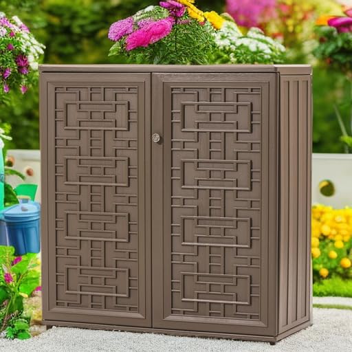**KINYING 60 Gallon Outdoor Storage Cabinet - Waterproof Resin Deck Box for Patio Furniture Cushions, Garden Tools, Pool Accessories & Kids Toys - Dark Brown with Shelf - Perfect for Backyard, Deck & Poolside Organization**