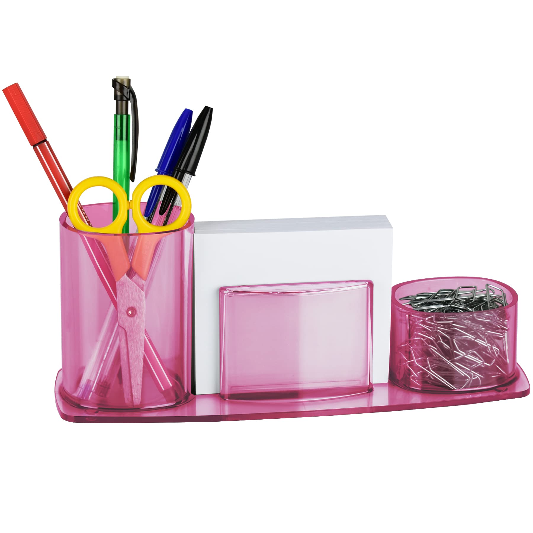 Acrimet Millennium Clear Pink Plastic Desktop Organizer - Pen, Pencil, Clip & Paper Holder with Included Paper - Perfect for Office, School & Home Desk Organization