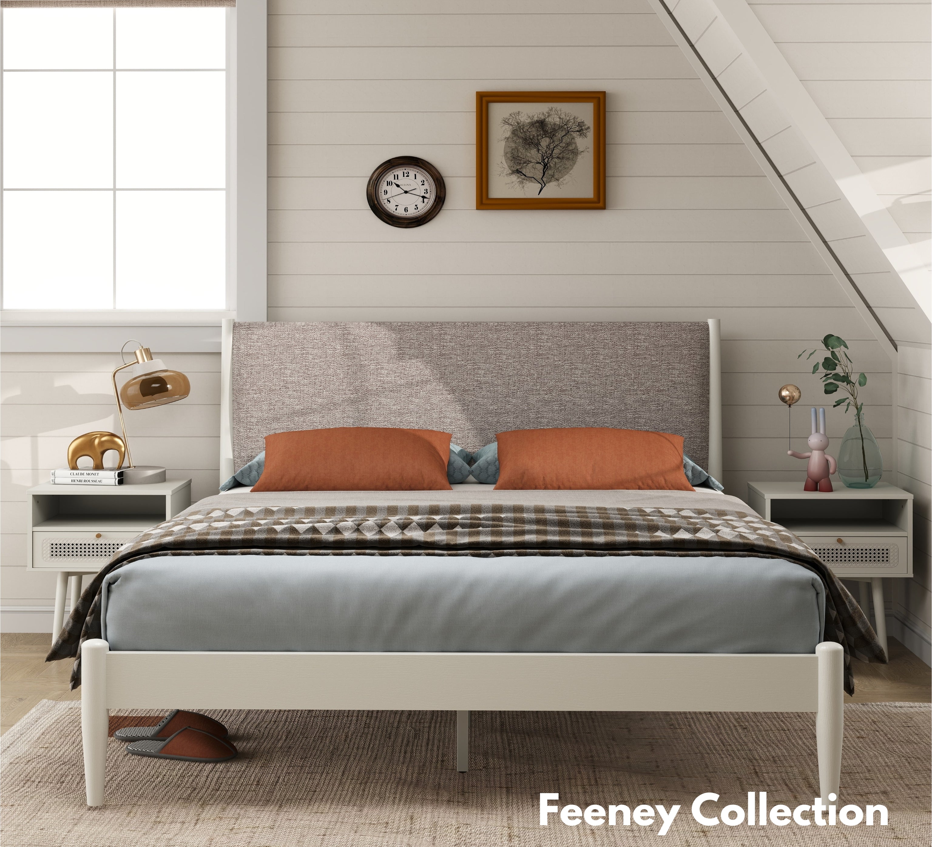 Roundhill Furniture Feeney 2-Piece Queen Bedroom Set - Cream White Platform Bed with Nightstand | Modern Minimalist Bedroom Decor for Small Spaces & Guest Rooms