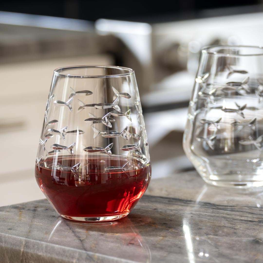School of Fish 18oz Stemless Wine Tumbler Glass Set of 2 - Perfect for Parties, Picnics & Outdoor Entertaining