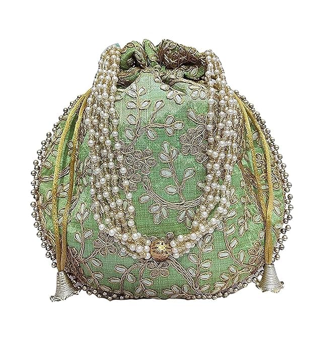 Eco-Friendly Embroidered Silk Women's Potli Bags with Handles - Perfect for Haldi Ceremony, Indian Weddings, Traditional Festivals & Gift Giving