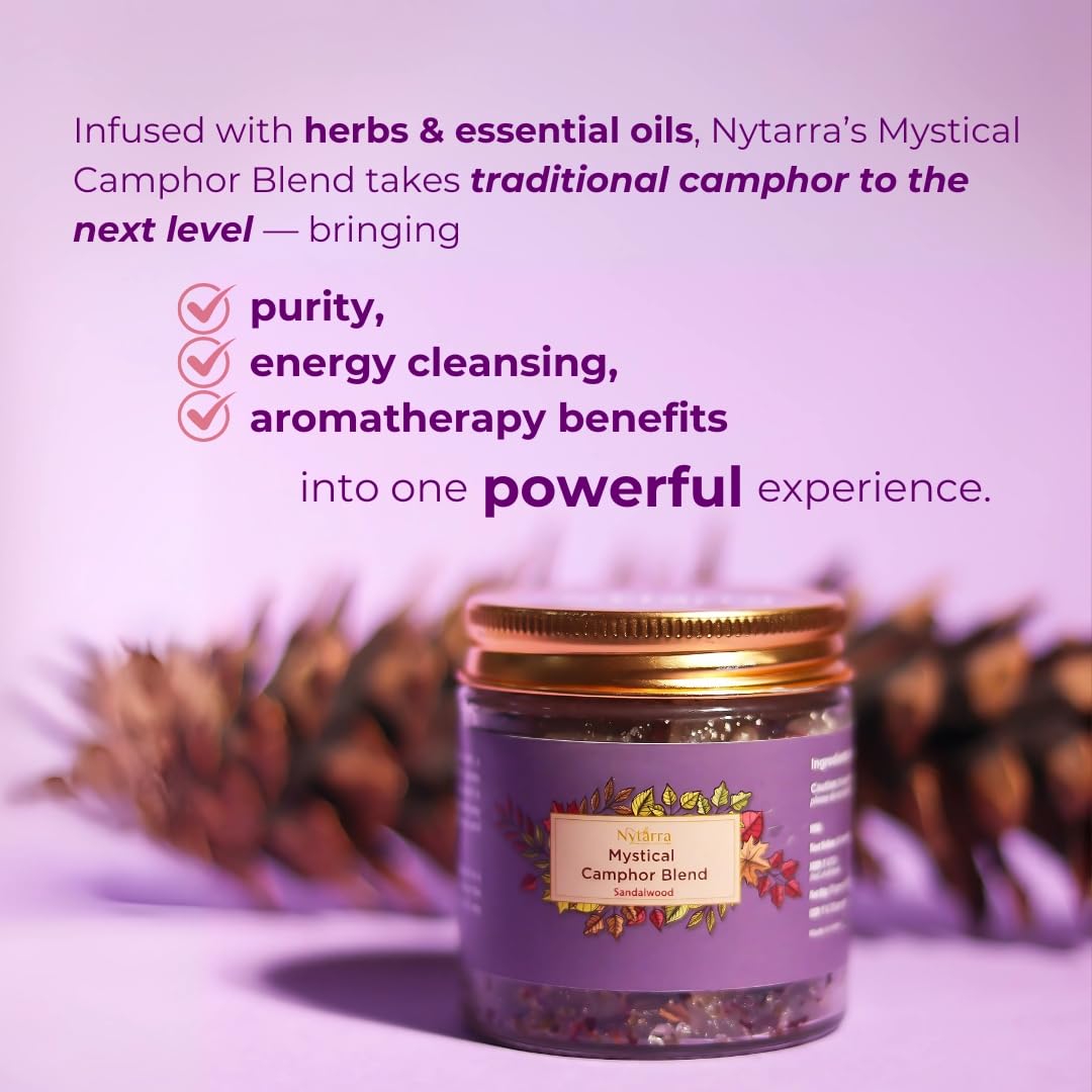 Nytarra Sandalwood Mystical Camphor Blend - 70g | Pure Kapoor/Kapooram for Aromatherapy, Meditation & Home Fragrance | Natural Herbs, Spices & Dried Flowers Infusion | Long-Lasting Divine Scent for Relaxation, Yoga & Spiritual Practices