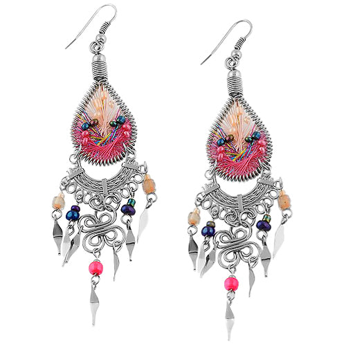 Stainless Steel Peruvian Peach Silk Thread Beaded Dangle Earrings for Women - Handmade Boho Chic Jewelry for Parties, Weddings & Everyday Wear
